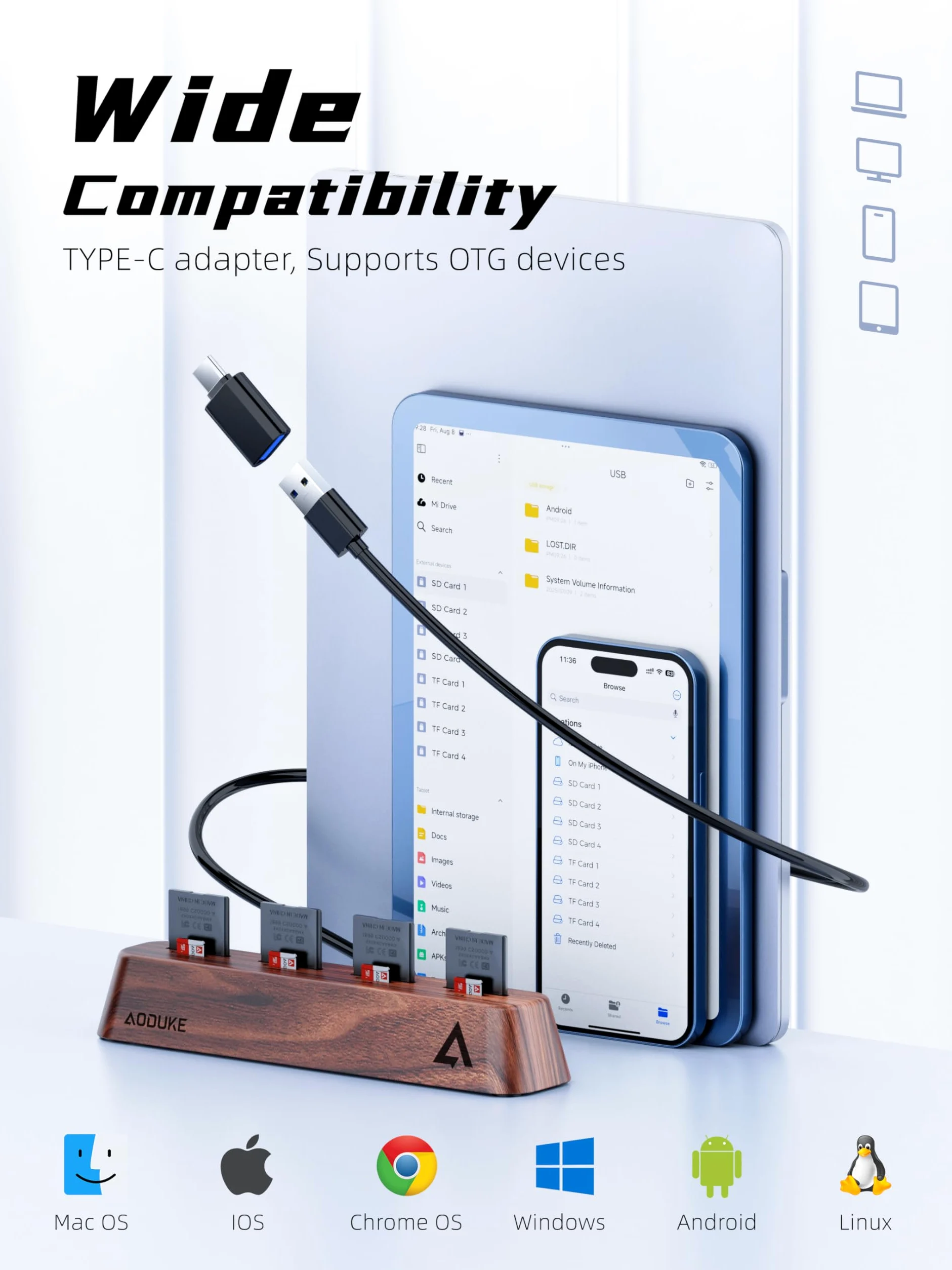 Lettore di schede SD USB 3.0 a 8 porte, design in legno di noce, dati da 5 Gbps, supporto simultaneo per schede Micro SD/TF3.0 e SD3.0, lettura e scrittura (compatibile UHS-I/II Card) AST43M