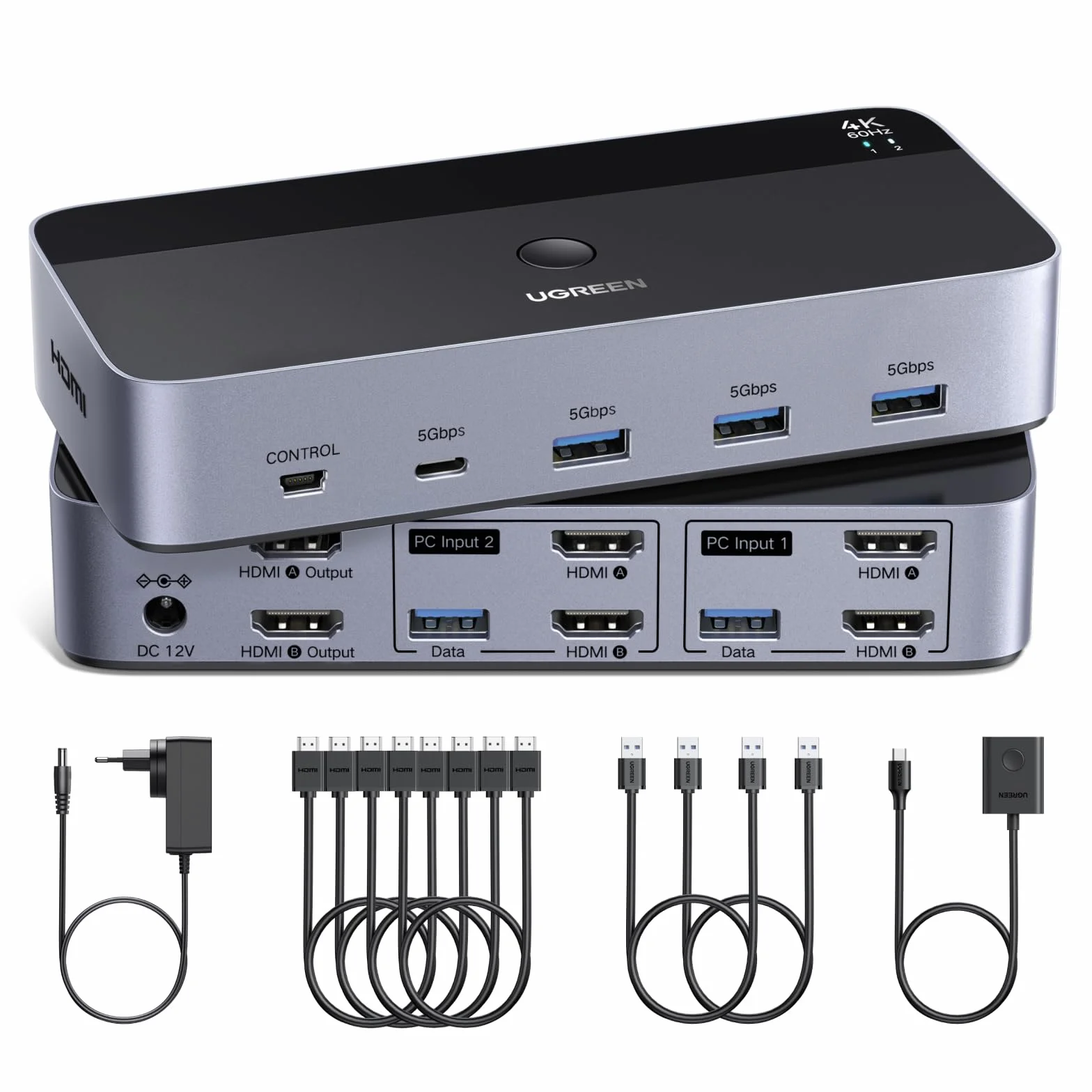 UGREEN Switch KVM HDMI 2.0 2 ingressi 2 uscite 4K 60Hz per 2 PC con 4 porte USB 5Gbps per tastiera, mouse, disco rigido, controller desktop compatibile con Windows, Linux, macOS