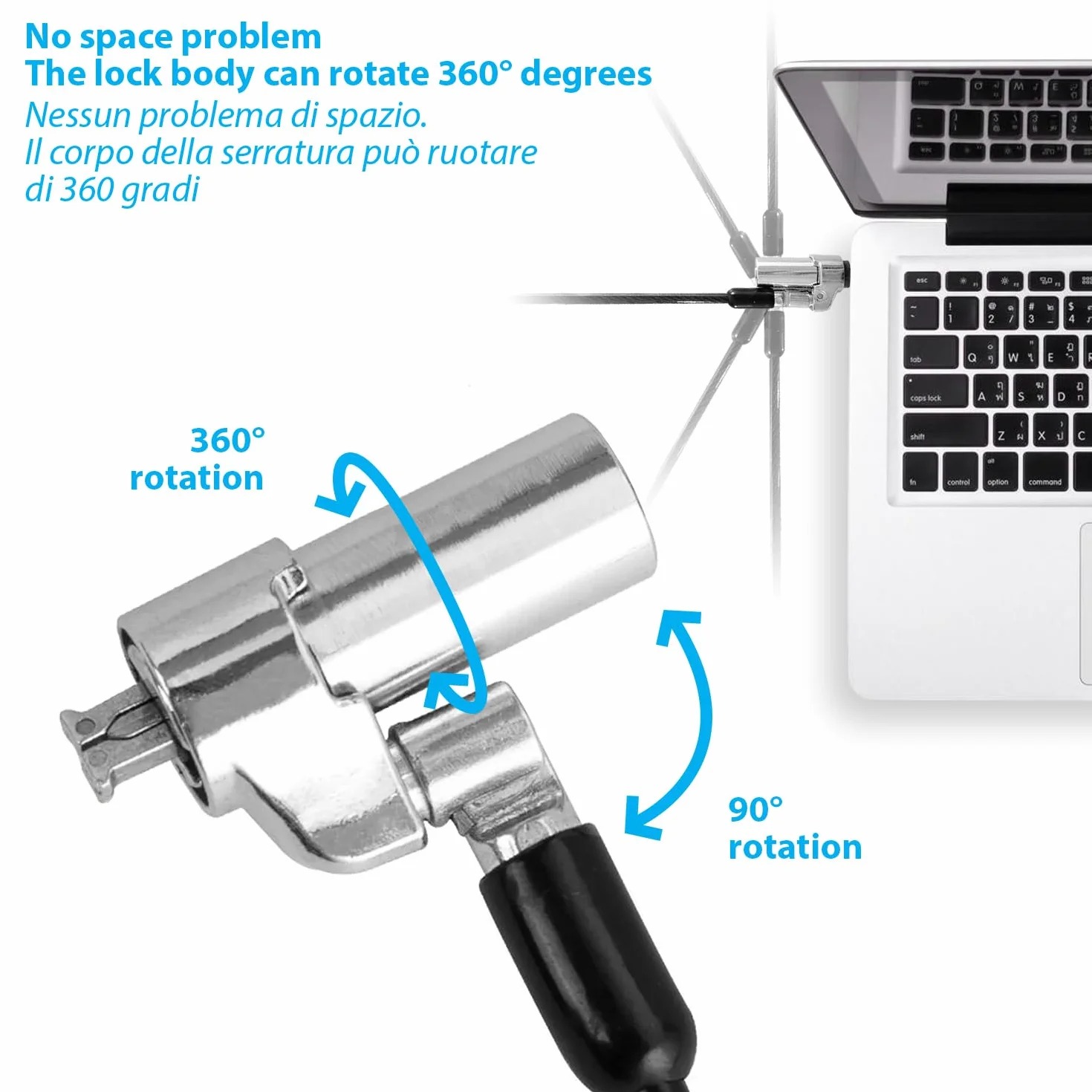 Cable Technologies Cavo di Sicurezza Nano Acciaio antifurto 180 cm per Notebook, Slot di Sicurezza Kensington Nanosaver, Chiusura a Chiave, 2 Chiavi, Blocco di Protezione Nano Saver, Rivestimento PVC