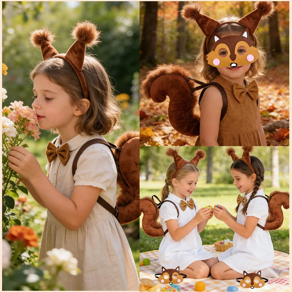 Costume Scoiattolo 4 Pezzi - Cerchietto Orecchie Papillon Pelliccia Sintetica Coda Maschera per Donne Feste