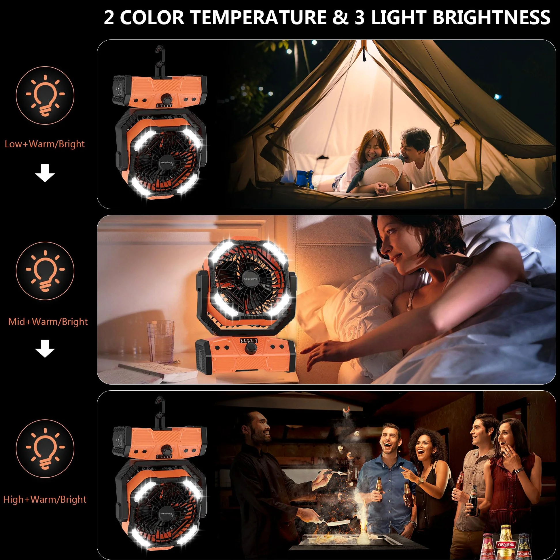 Easywave Ventilatore portatile ricaricabile da 30000 mAh: ventilatore a batteria senza fili con lanterna LED, ventilatore da tavolo, ventilatore USB C a batteria per viaggi, camera da letto, casa,
