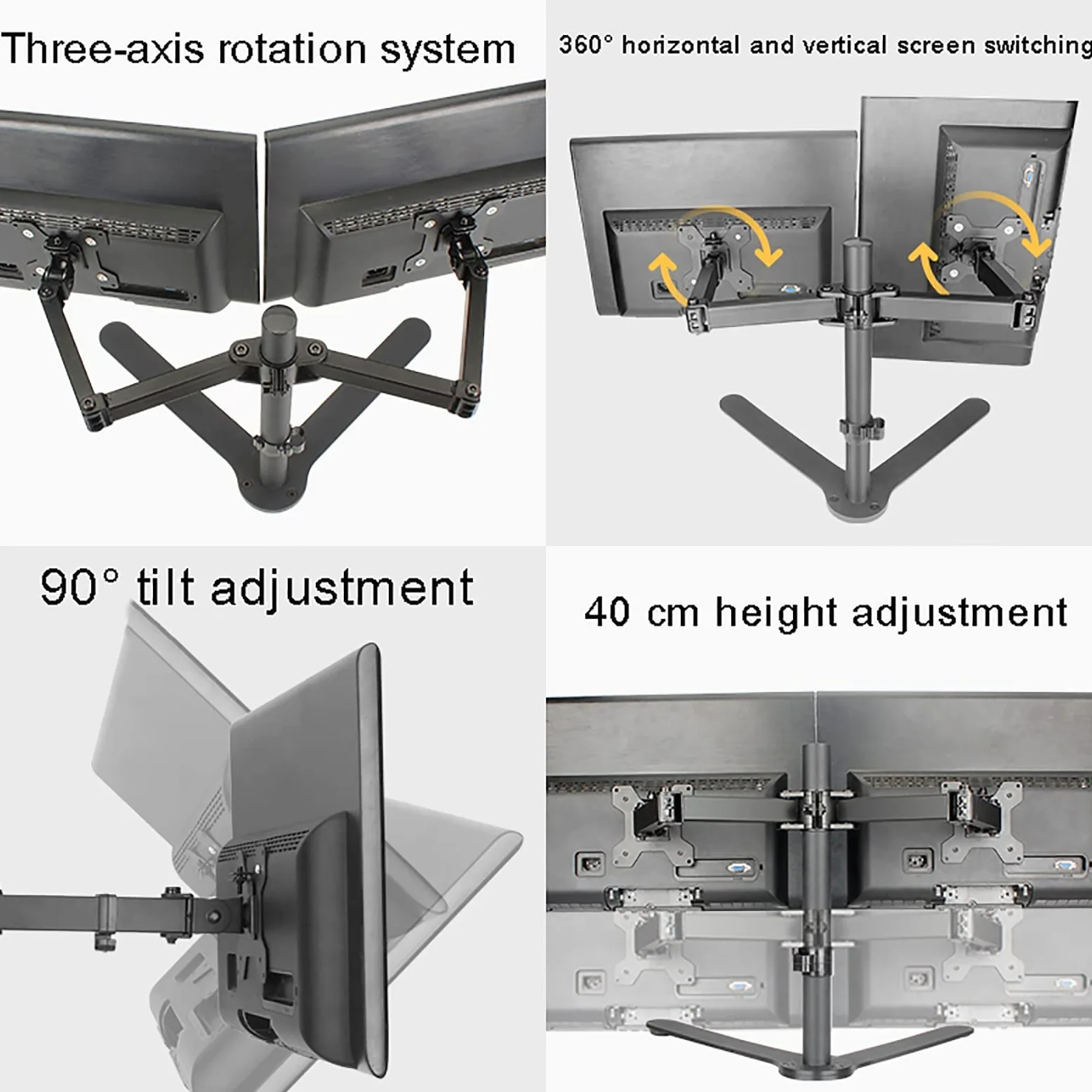 Supporto da Tavolo per TV/Monitor A Doppio Schermo, Supporto TV con Sistema di Rotazione A Tre Assi, Base da Tavolo Regolabile in Altezza Adatta A TV da 14 A 27 Pollici, 40 Cm