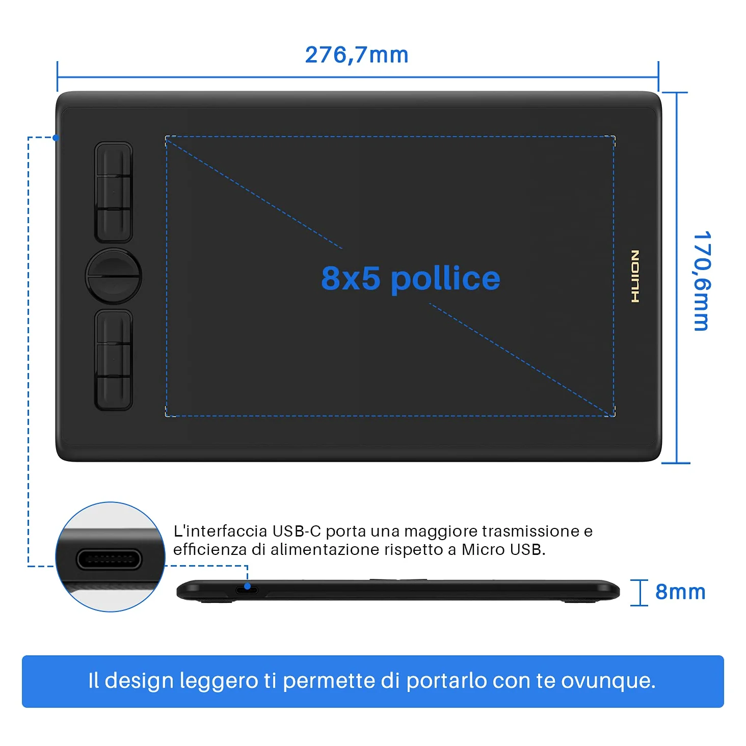 HUION Inspiroy H580X Tavoletta Grafica, 8 Tasti, 8192 Livelli Pressione | 8 x 5 Pollici Compatibile Android, Windows, Mac, Chrome OS, Stilo Senza Batteria, Ideale Dipingere, Ufficio