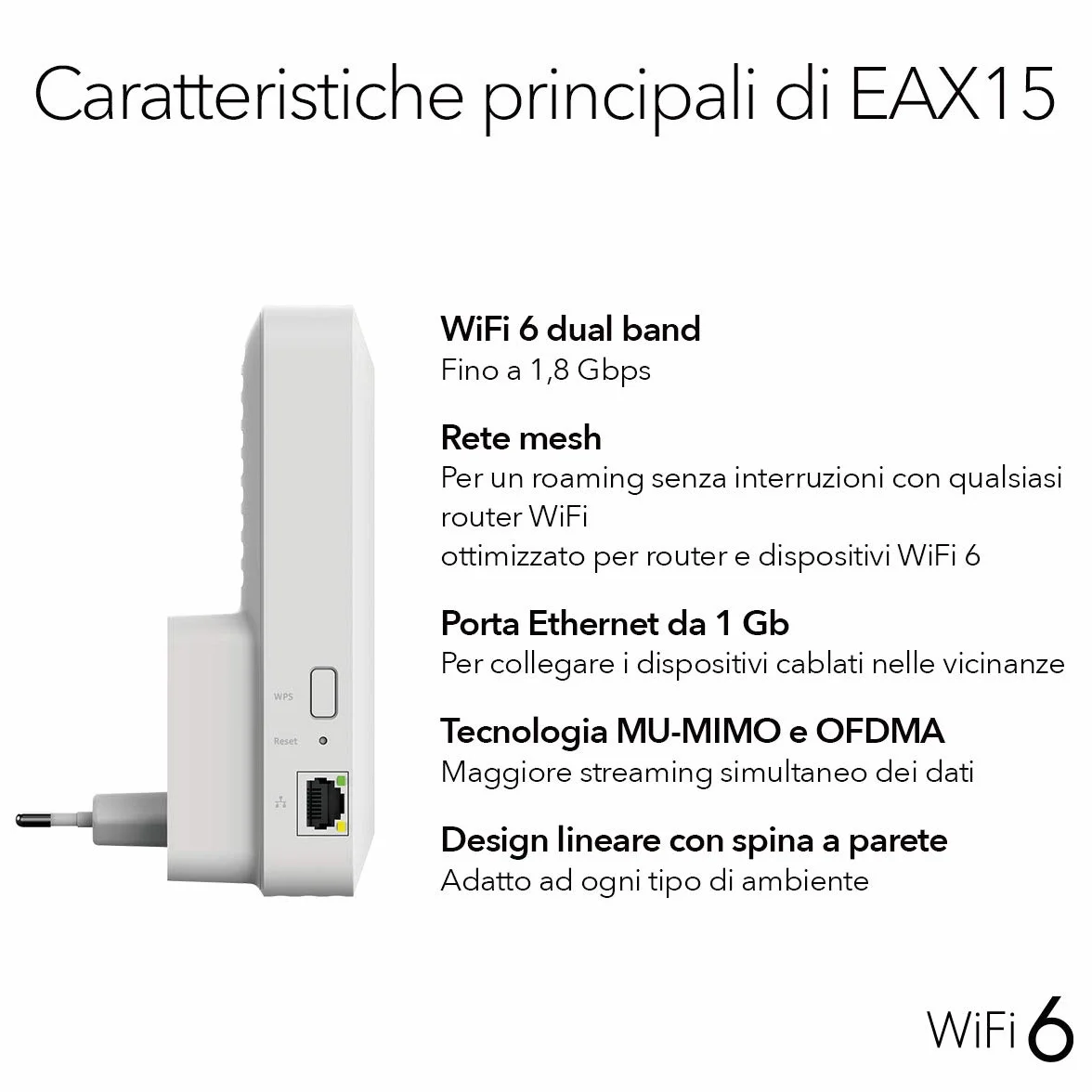 NETGEAR Ripetitore WiFi 6 (EAX15) Ripetitore WiFi Potente per la casa, Dual-Band, Copertura fino 100㎡, Range Extender Amplificatore, Tutti gli operatori Internet