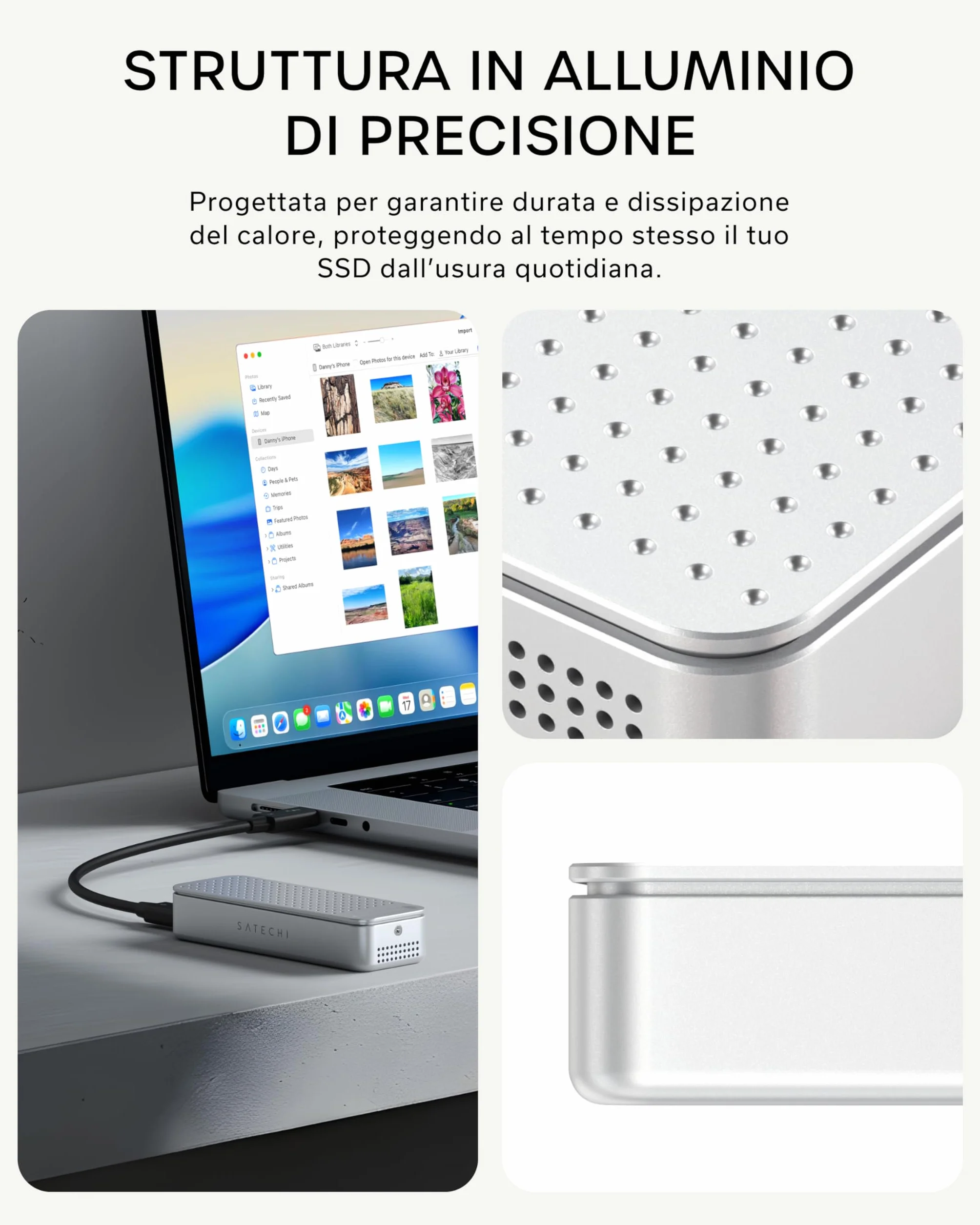 SATECHI DotDisk™ Case SSD M.2 NVMe 80Gbps, USB4 V2 in Alluminio con Raffreddamento Attivo, Trasferimento Ultra Rapido per Thunderbolt 5 e USB4 – Argento