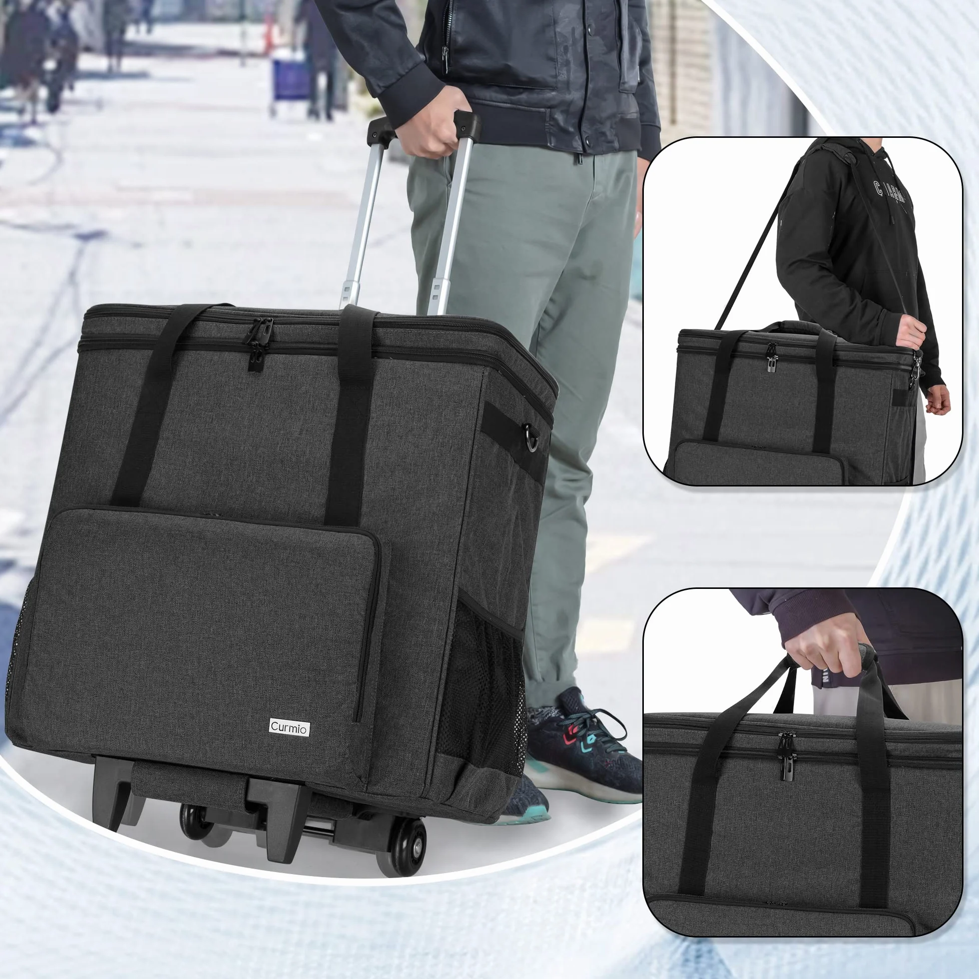CURMIO Borsa da viaggio per computer a doppio strato con carrello rimovibile, Nero