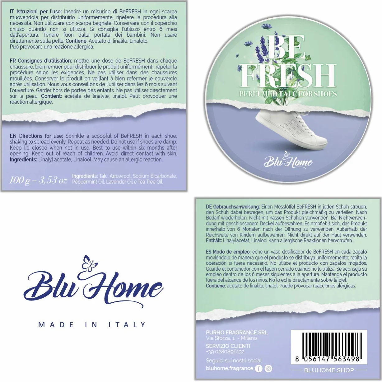 Blu Home BE FRESH Talco Elimina Odori per Scarpe Profuma Scarpe con Oli Essenziali 100% Naturali 100 g