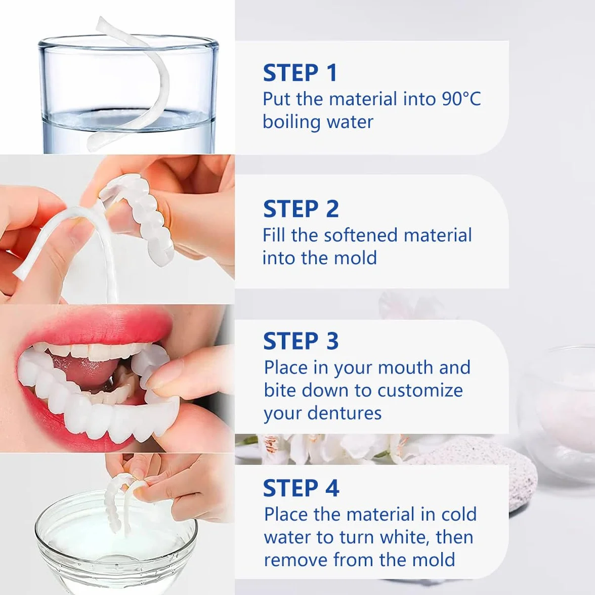 Denti Finti Temporanei Clip Superiore e Inferiore, Protesi Cosmetica in Silicone per Coprire Denti Mancanti