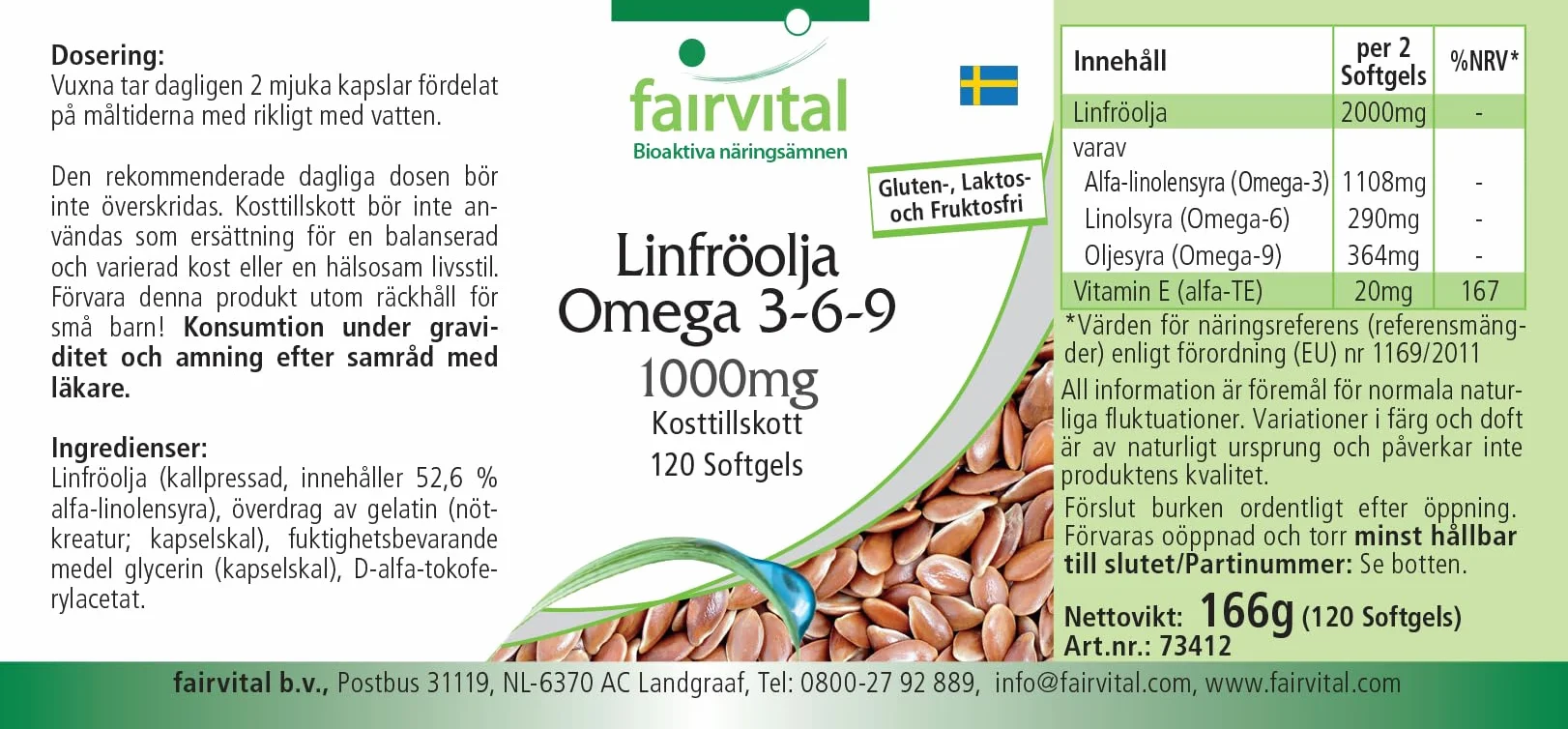 Fairvital Omega-3-6-9 Capsule, 2000 mg di Olio di Semi di Lino, 120 Softgel