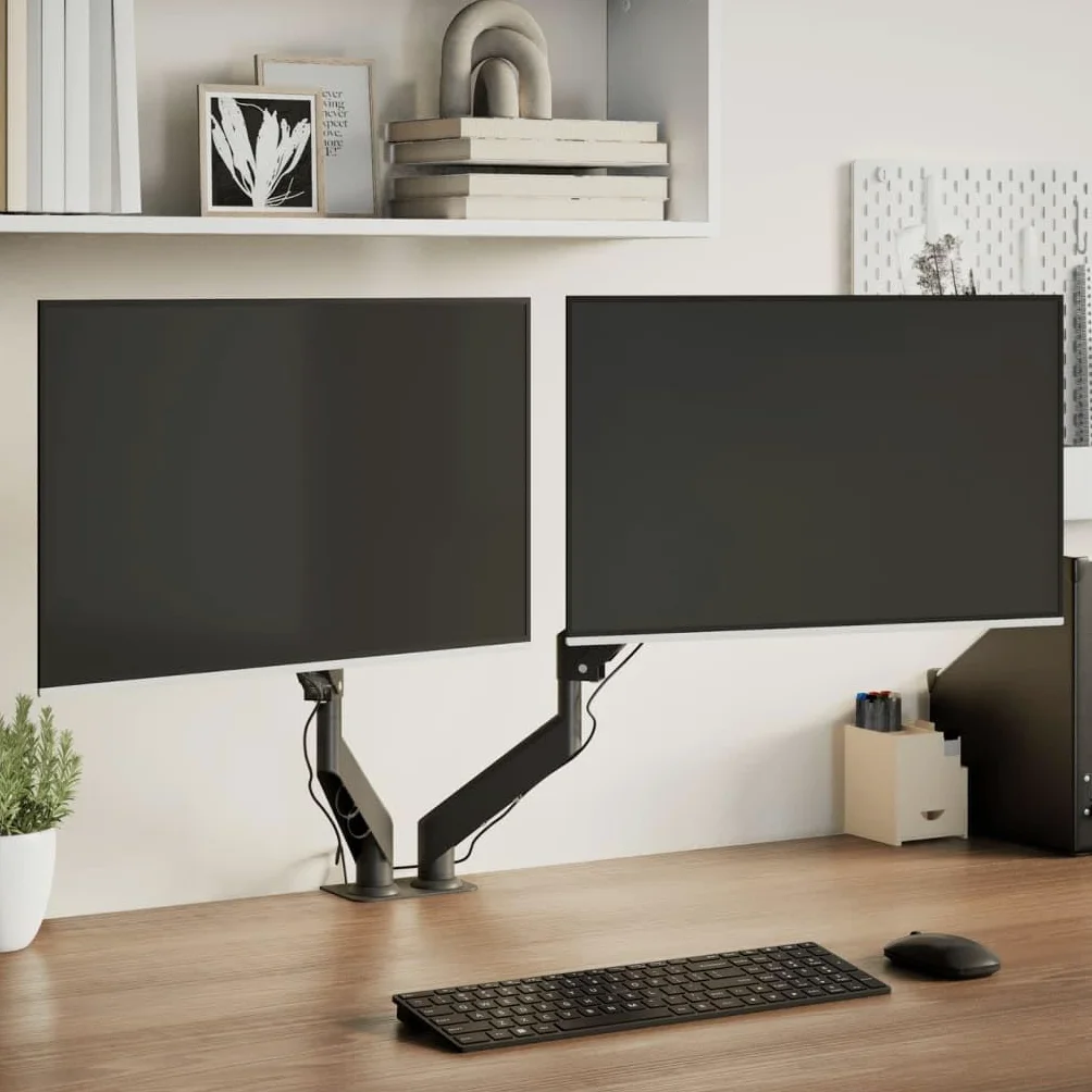 Braccio doppio per monitor da 27 pollici con molla a gas, portata 20 kg, inclinazione verso l'alto di 90°, inclinazione verso il basso di 70°, rotazione di 360°, angolo di rotazione di 180°, VESA 75 x
