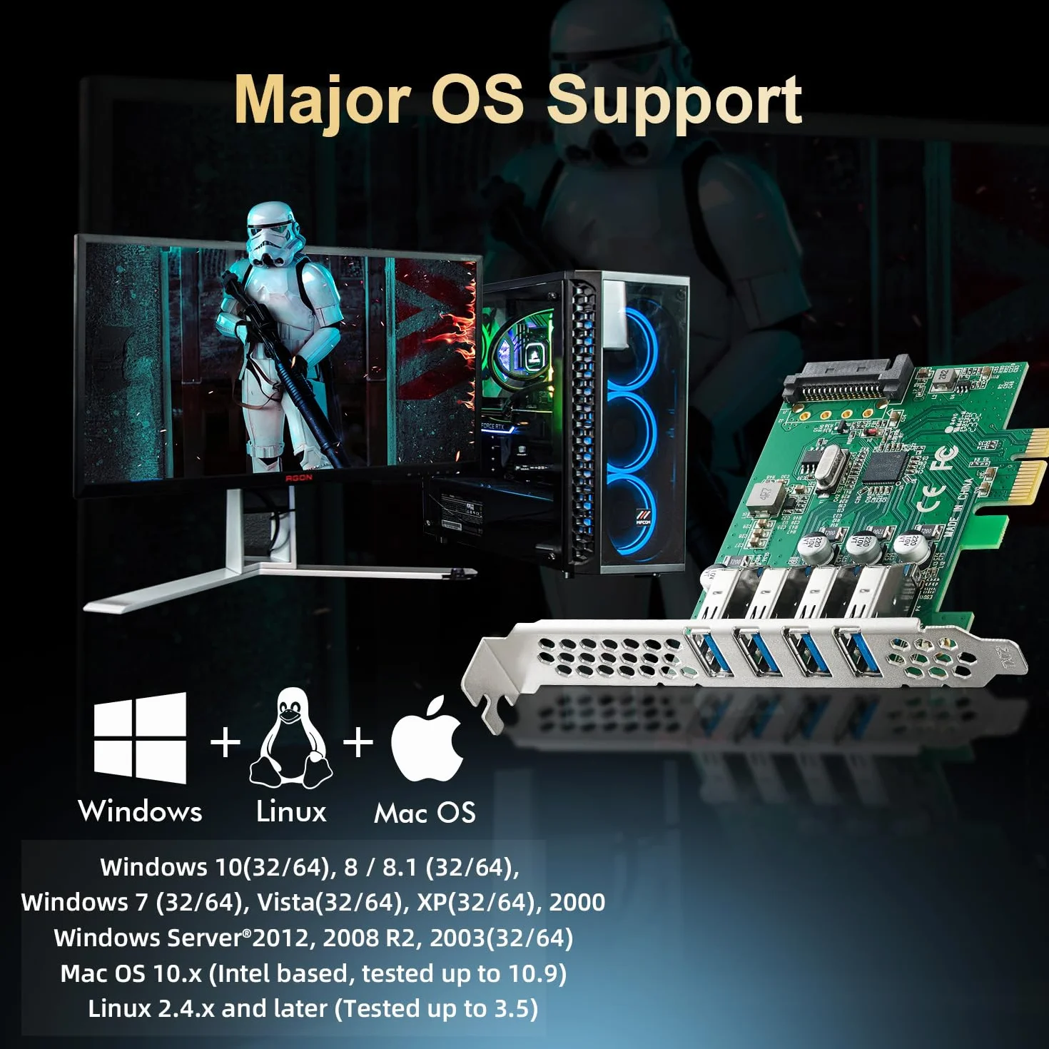 Binardat Scheda di espansione PCIE a 4 porte USB 3.0, alimentata autonomamente, staffa a basso profilo, adattatore controller hub USB3 per Windows 10/11
