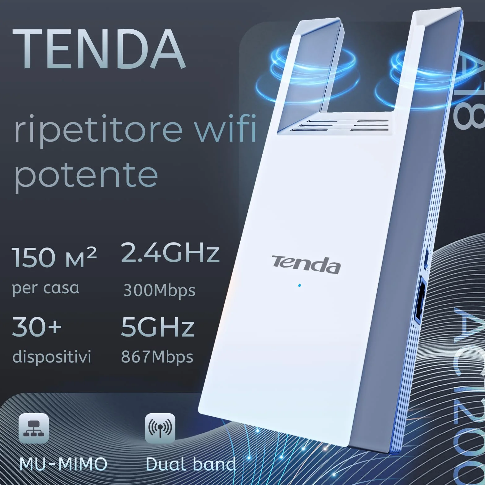 Tenda Ripetitore WiFi AC1200, Amplificatore Dual Band con Porta Ethernet, WiFi Extender e Access Point, Copertura fino a 150 m², Indicatore LED, WPS, Controllo da App(A18)