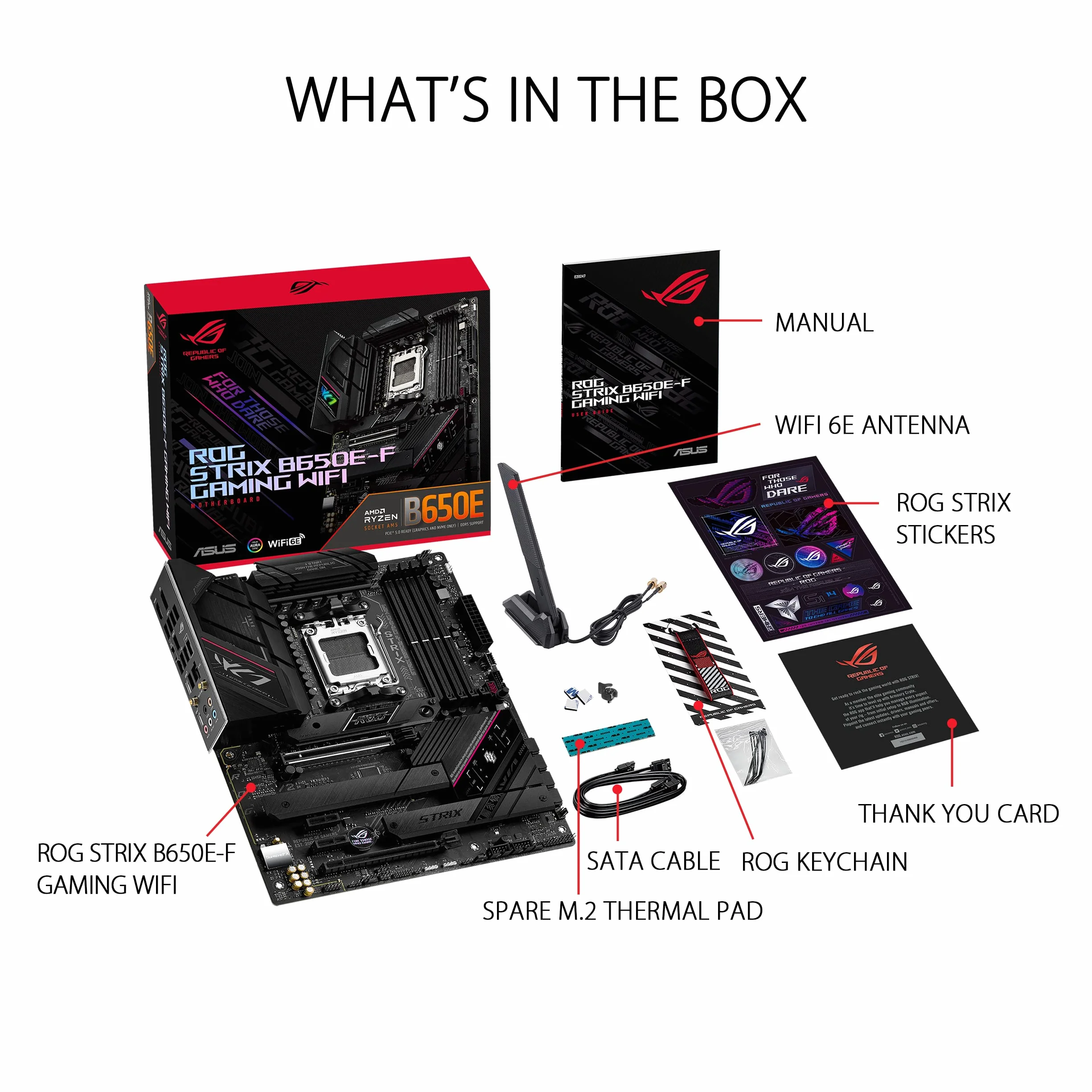 ASUS ROG STRIX B650E-F GAMING WIFI Scheda Madre Gaming ATX, AM5, Ryzen 9000/8000/7000, AMD B650, DDR5, PCI 5.0, WiFi 6E (802.11ax), 2.5Gb Lan, 3xM.2, 4xSATA 6GB/s, Aura Sync RGB, Nero