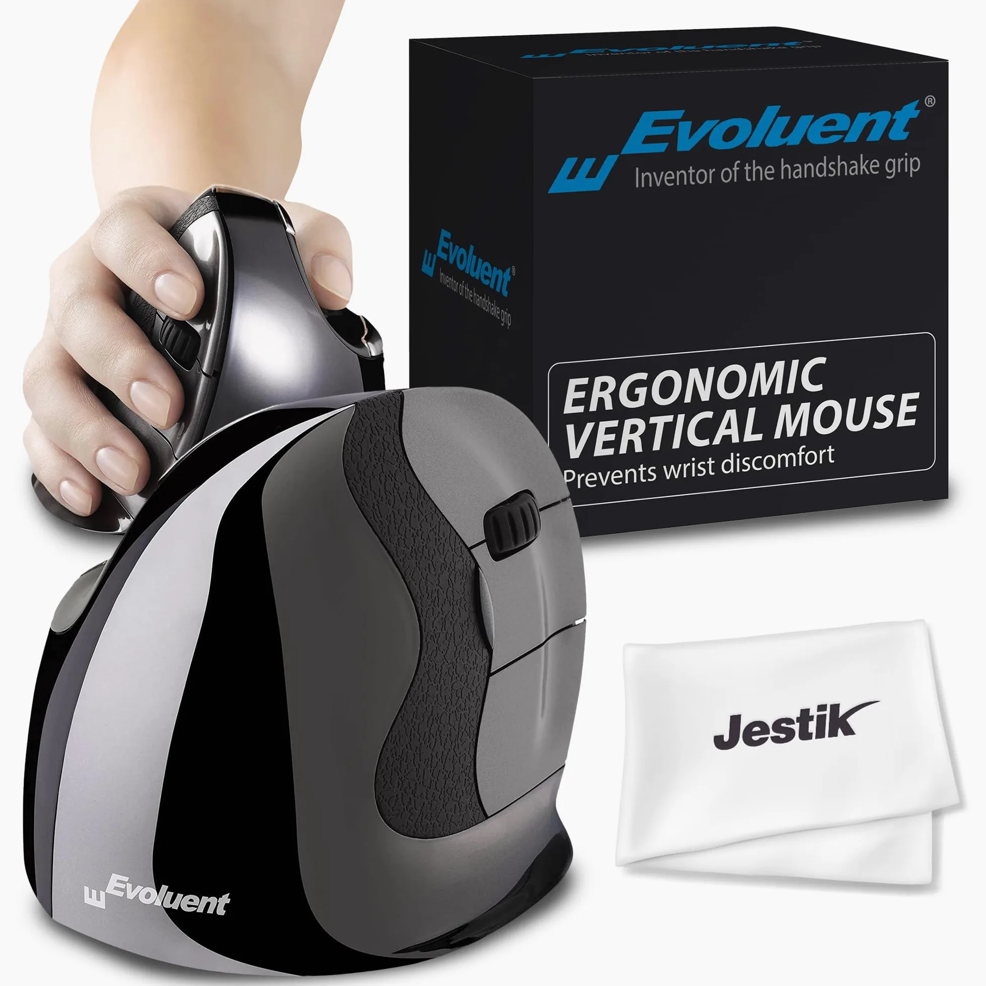 Evoluent VMDSW Mouse verticale D piccolo mouse ergonomico per mano destra con ricevitore USB wireless e panno in microfibra Jestik - Value Bundle