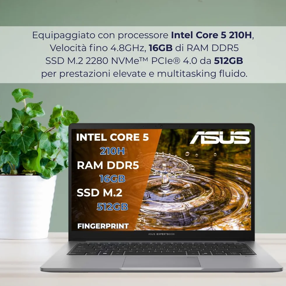 Asus Expertbook P1 Pc Portatile, Notebook Intel Core 5 210H, 16GB RAM DDR5, 512GB SSD, Display 14" FHD Antiriflesso, USB-C Gen2, Gigabit LAN, Wi-Fi 6, Bluetooth 5.4, Fingerprint, 24 Mesi Garanzia, W11