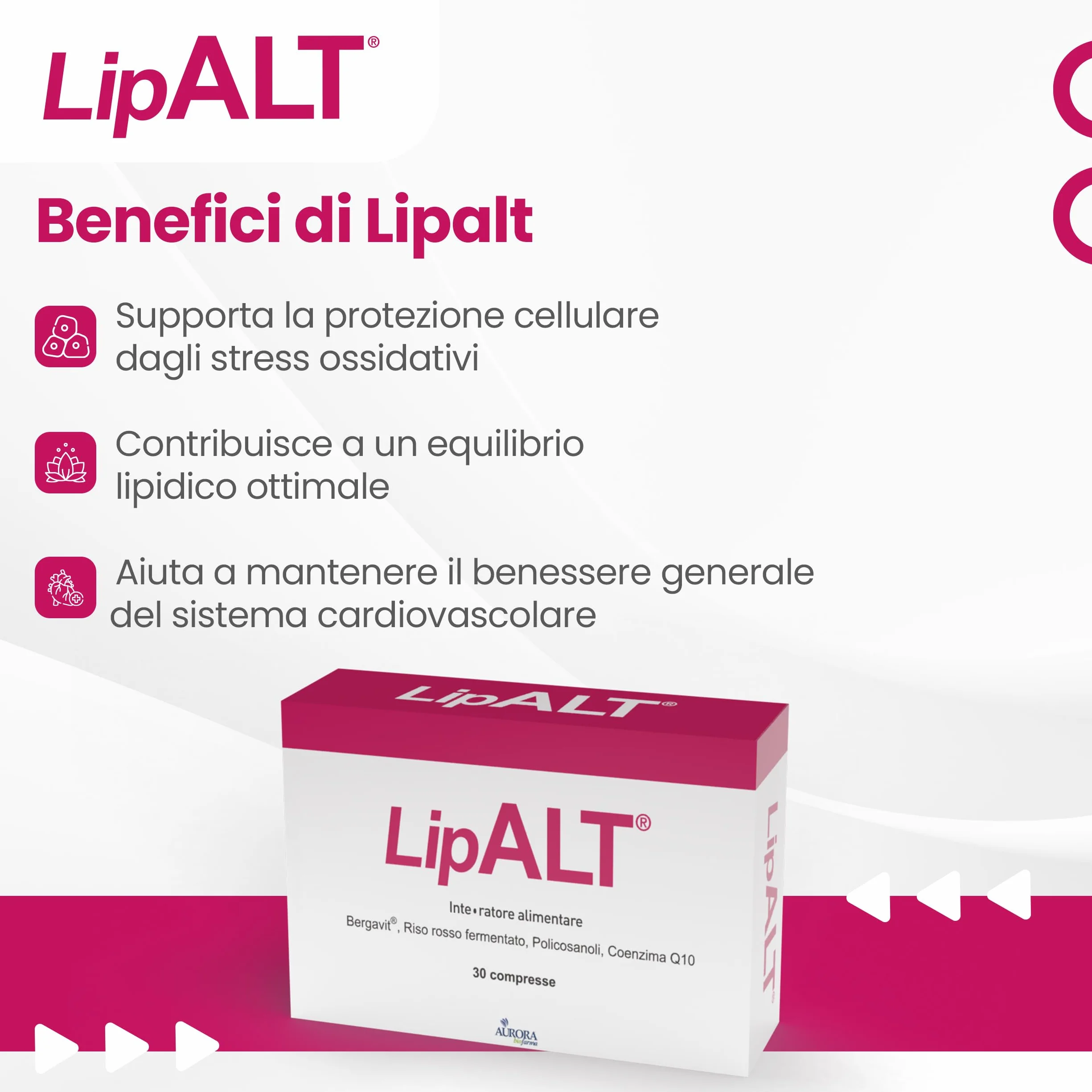 Aurora Biofarma Lipalt Integratore Colesterolo Alto e Trigliceridi Riso Rosso Fermentato Coenzima Q10 Monacolina K Bergavit Policosanoli 30 Compresse Senza Glutine