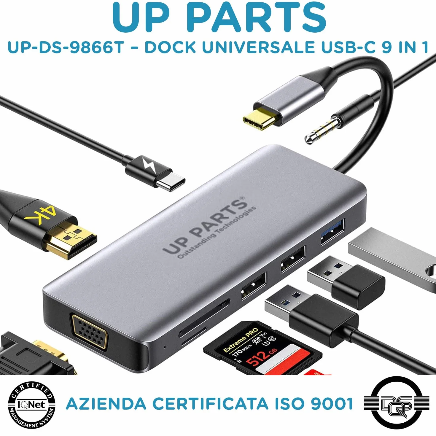 Hub USBC, Docking Station,UP-DS-9866T, 9 in 1,Porta Alimentazione USB C 100W, HDMI 4K, VGA, 1 porta USB3, 2 Porte USB2, Card Reader, Audio 3.5mm, Azienda Italiana
