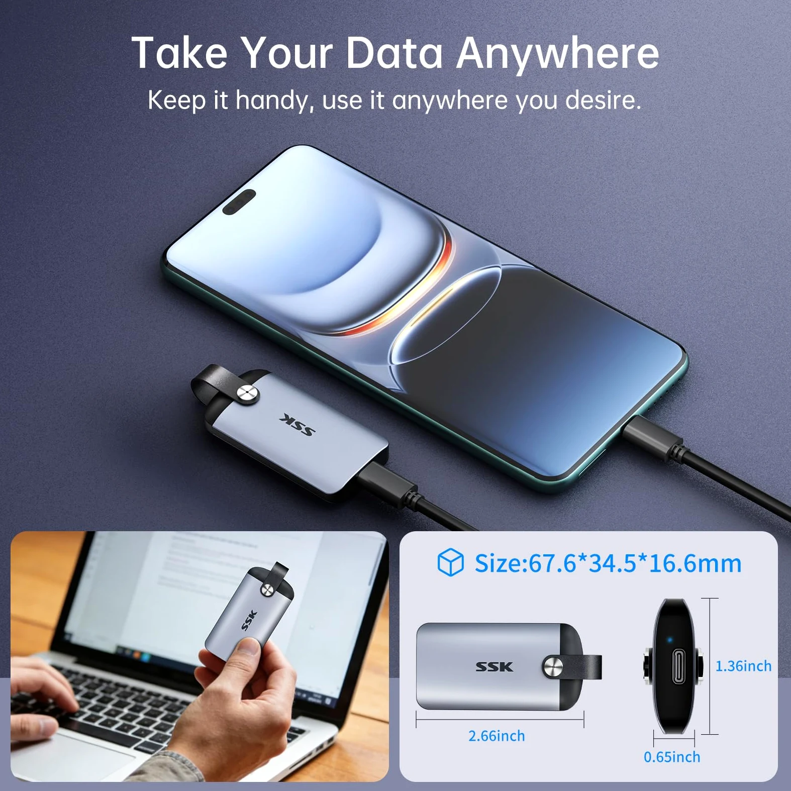 SSK SSD esterno 1TB velocità massima fino a 2000 MB/s Disco rigido USB C portatile solo per USB 3.2 Gen2x2, unità a stato solido esterne con manico in pelle per iPhone 15/16/17/Android/Windows/Tablet