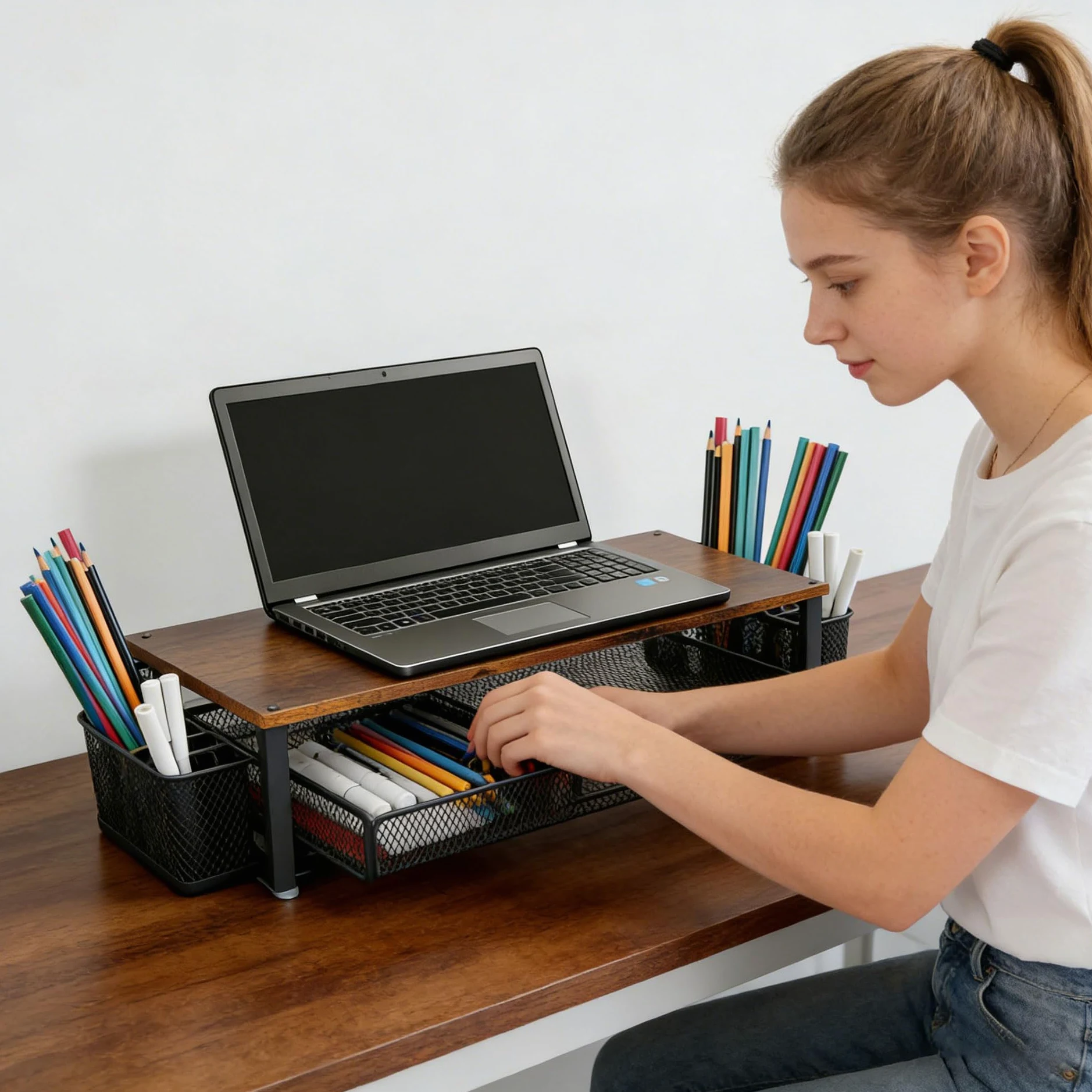 Supporto per monitor in metallo resistente con soluzione di archiviazione integrata per postazione di lavoro ordinata Supporto da scrivania ergonomico