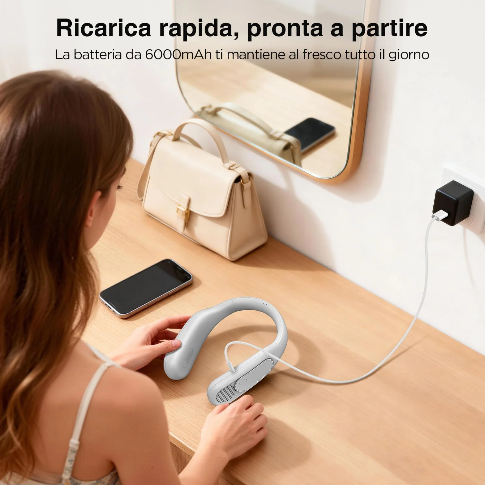 Ventilatore da Collo Bladeless 6000mAh, Ricaricabile a 4 Velocità Ventilatore Portatile da Collo USB per Uomo/Donna, Ideale per Viaggi, Sport, Lavoro, Uso Interno ed Esterno（Bianco）