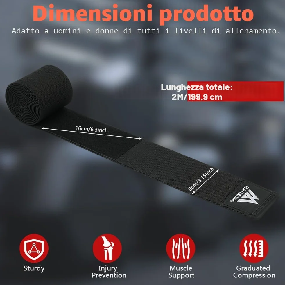 Flintronic Ginocchio Fascia Powerlifting 200cm Pesistica Fasce Elastica Bendaggio Tutore Ginocchiere Palestra Squat Allenamento Nero