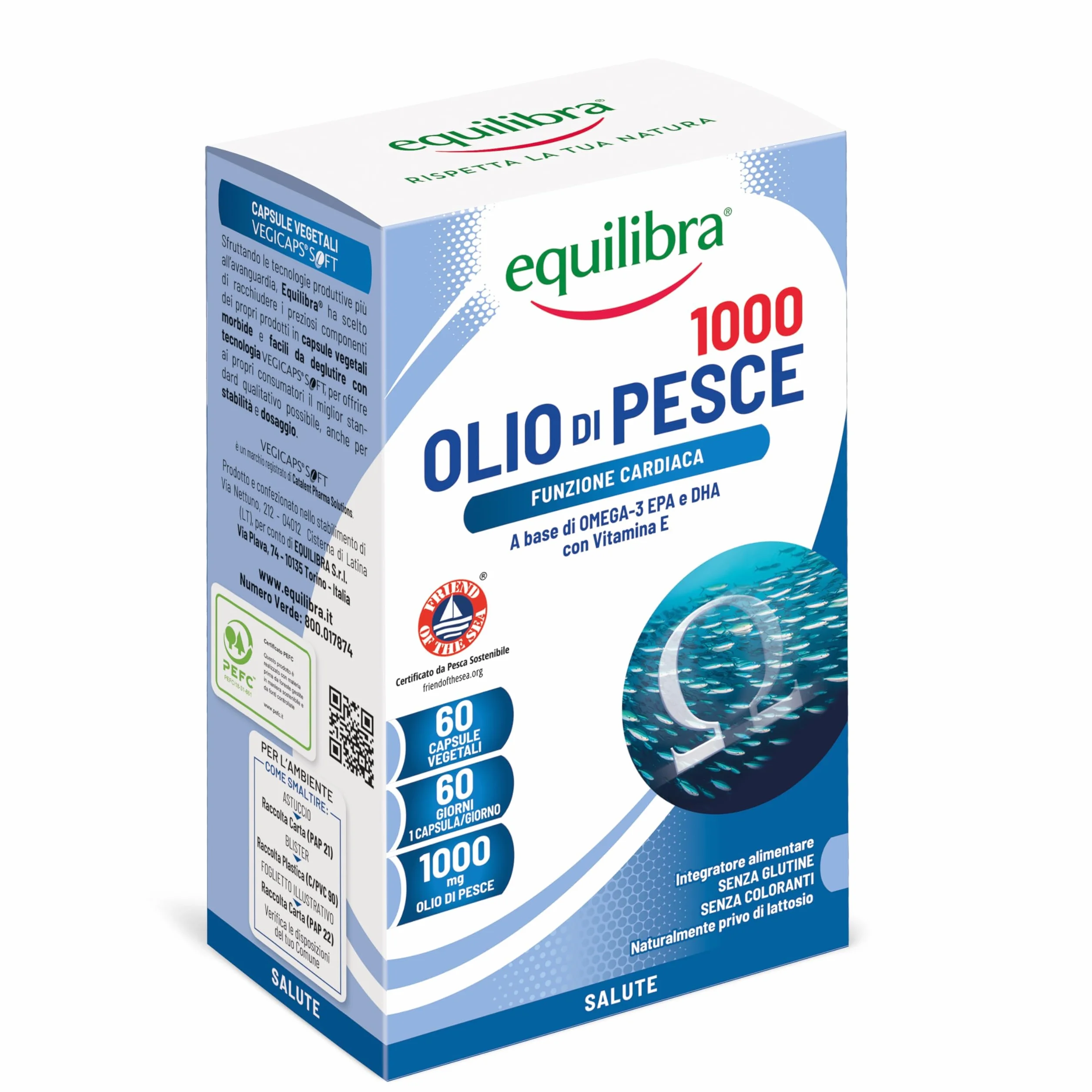 Equilibra Olio di Pesce 1000 Integratore Omega-3 EPA DHA Vitamina E 60 Capsule Vegetali