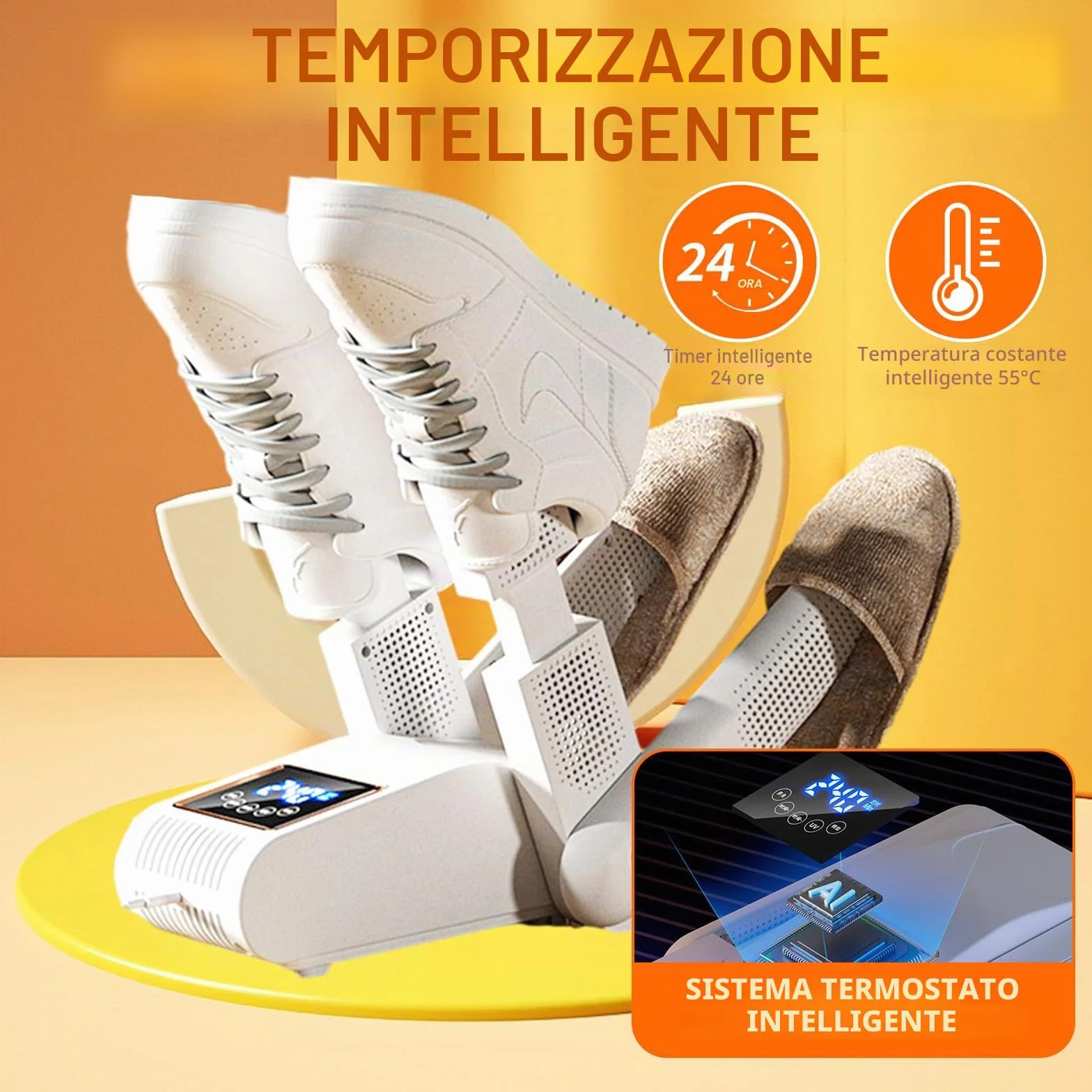Asciuga Scarpe Elettrico per 2 Paia Portatile con Sterilizzazione UV e Schermo Touch LED