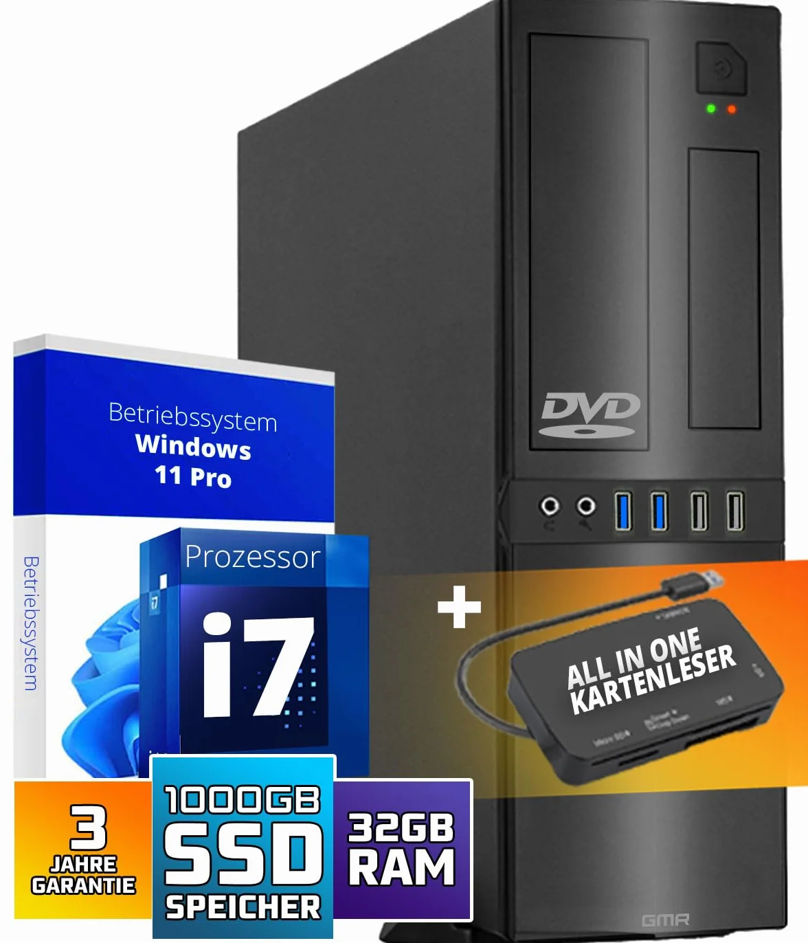 GMR Ultra Slim i7 Office PC - Business Office Computer | 3 anni di garanzia | 32 GB di RAM | 1000 GB SSD | DVD±RW | USB 3 | Windows 11 Prof | Bluetooth WiFi