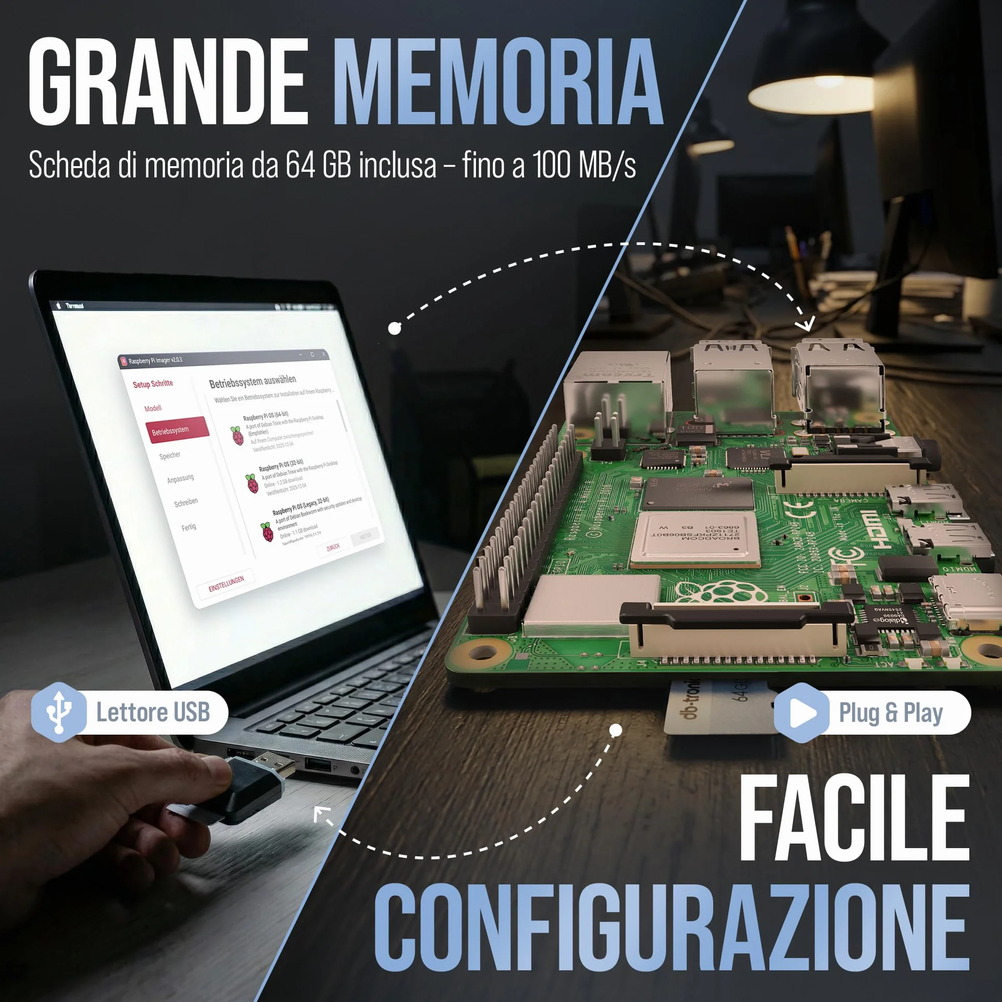 Raspberry Pi 4 4 GB Starter Kit 64 GB Nero Alimentatore 15 W Micro HDMI 4K Dissipatori Home Assistant Smart Home