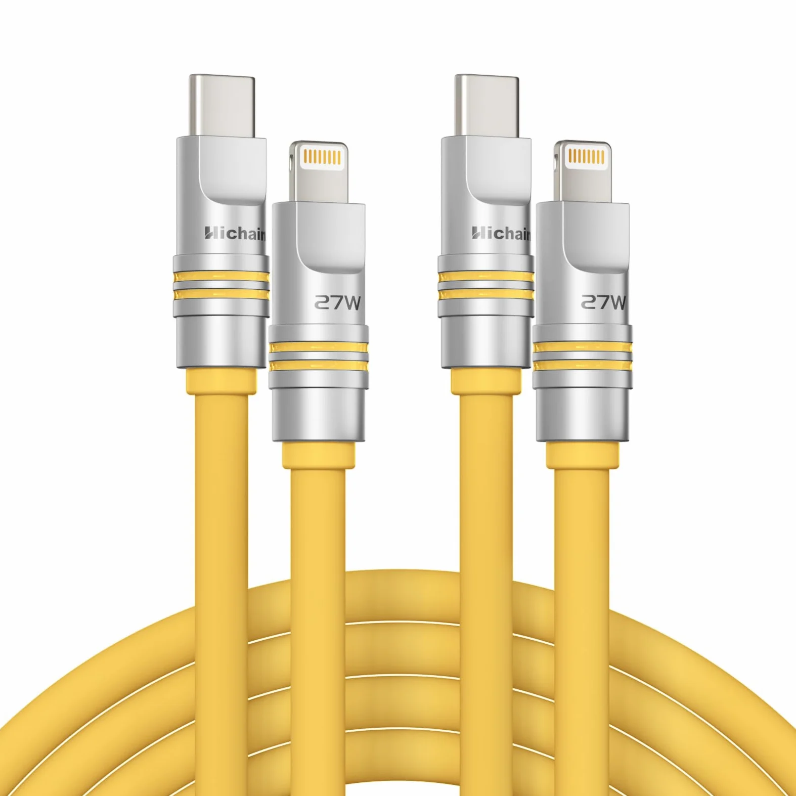 Hichain Cavo USB C a Lightning in silicone, confezione da 2 pezzi, 1,2 m, giallo, USB C 27 W, cavo di ricarica veloce tipo C, cavo Lightning per iPhone 14, 13, 12, 11, certificato MFi