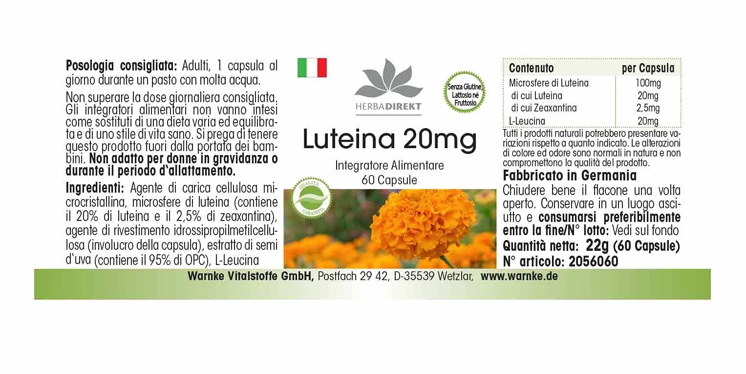 Luteina 20mg Microincapsulata 60 Capsule Vegan HERBADIREKT Warnke Vitalstoffe
