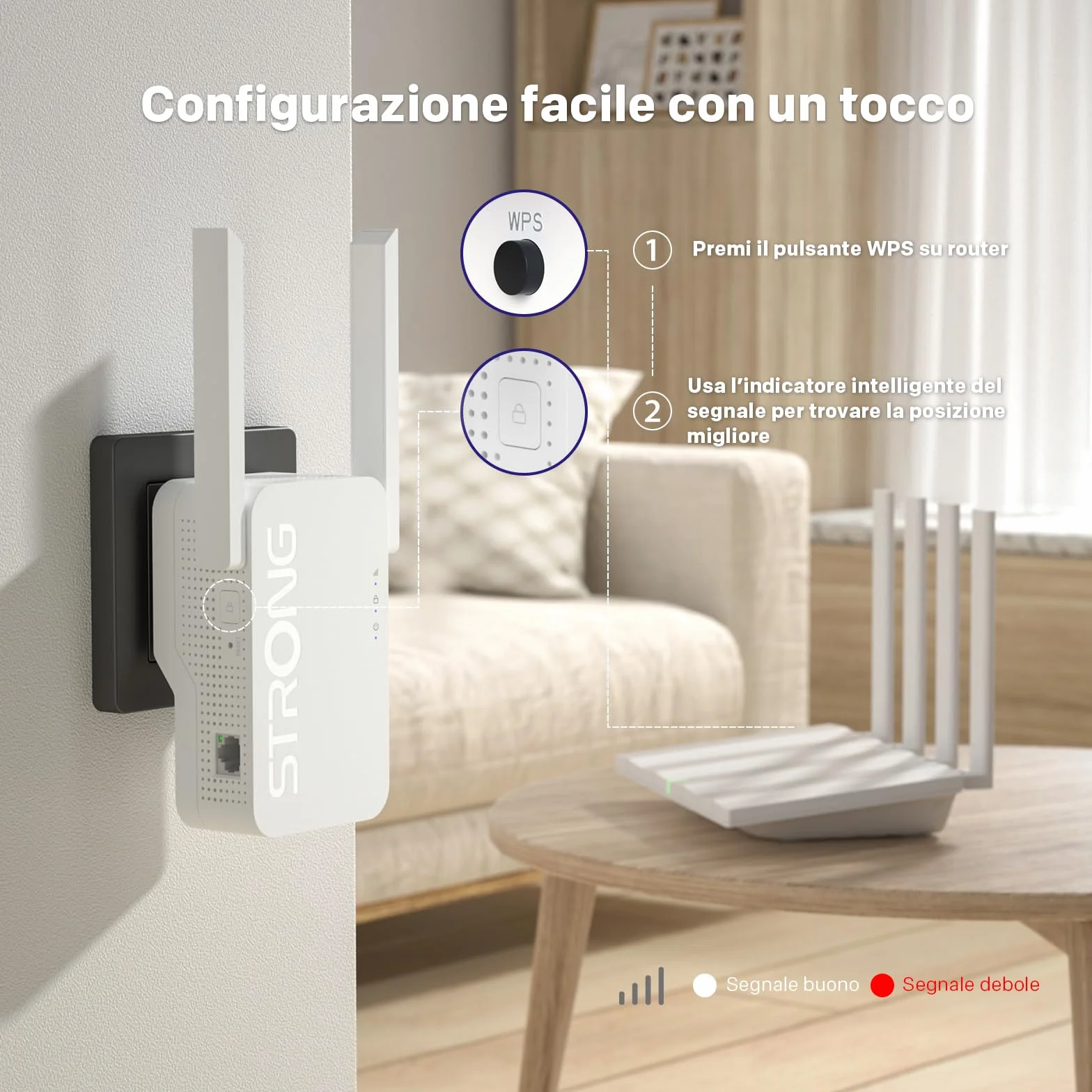 STRONG Ripetitore WiFi 6 AX3000 da presa muro – Amplificatore WiFi potente Dual Band con antenne esterne, WiFi extender per casa, 4K ideale streaming, gaming e multi-dispositivo