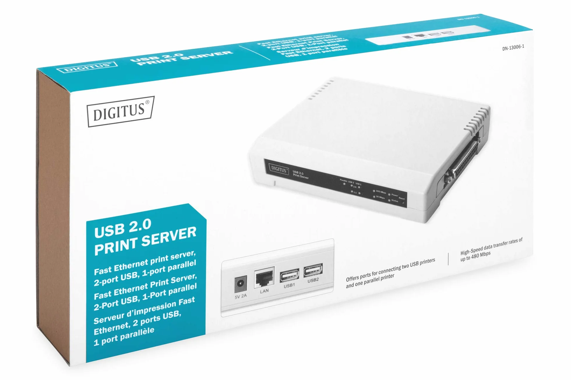 DIGITUS 2+1 Port Printserver, 1x RJ45, 2x USB A, 1x DB-36-pin maschio, USB 2.0, Fast Ethernet 100 Mbit/s, Grigio