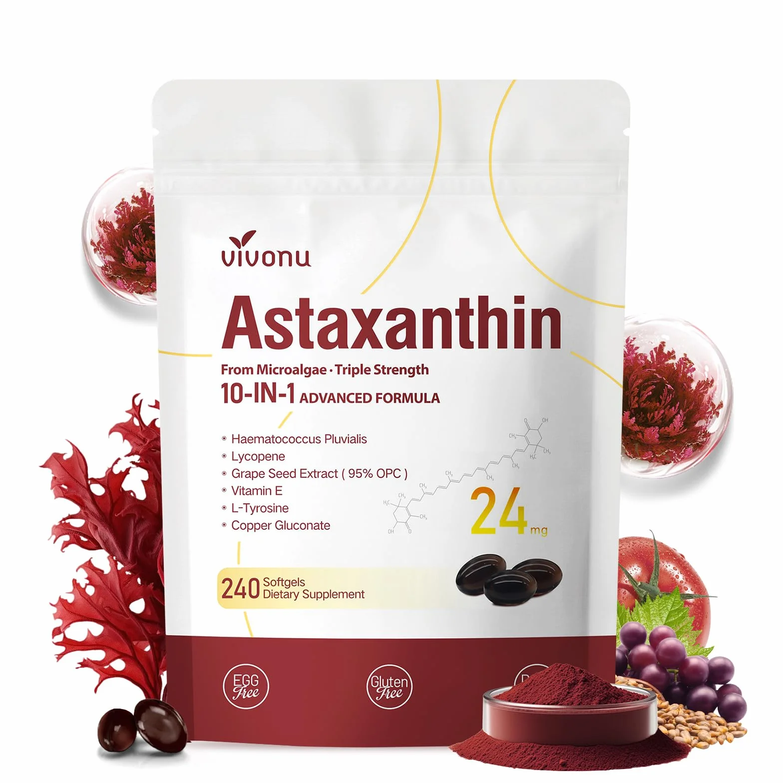 VivoNu Astaxantina 24 mg 240 Capsule Integratore Antiossidante Antiossidante Senza Additivi