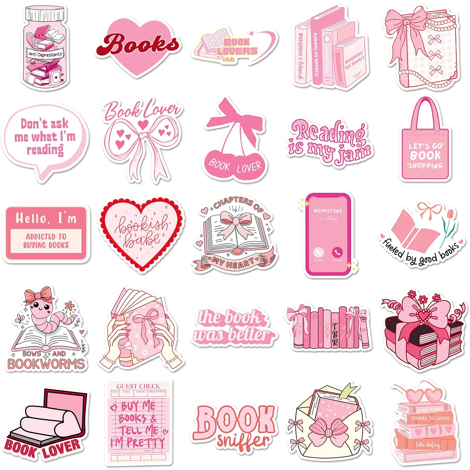 50 adesivi rosa per amanti dei libri, impermeabili, in vinile, per laptop, skateboard, custodia del telefono, bagagli, decorazione estetica per adolescenti, adulti, ragazzi, ragazze