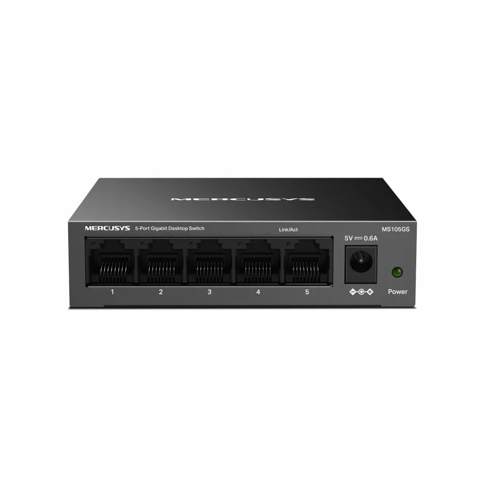 TP-Link Mercusys MS105GS Switch Ethernet 5 Porte Gigabit, Sdoppiatore Ethernet, Switch Gigabit per la Casa e l'Ufficio, Plug e Play, Montaggio Desktop, Cassa in Metallo, Durevole e Silenzioso