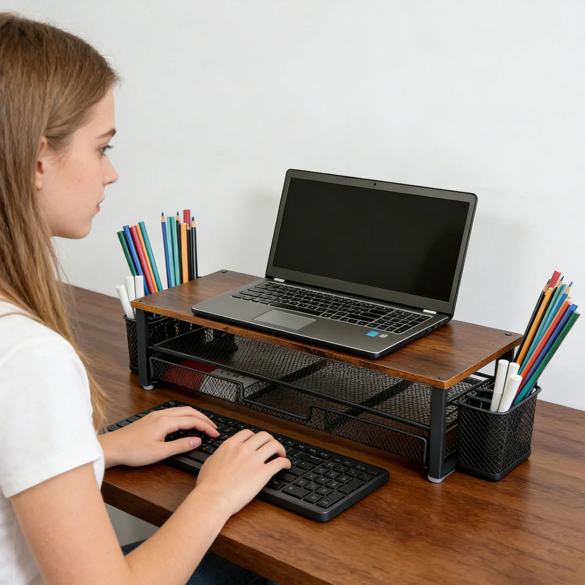 Supporto per monitor in metallo resistente con soluzione di archiviazione integrata per postazione di lavoro ordinata Supporto da scrivania ergonomico