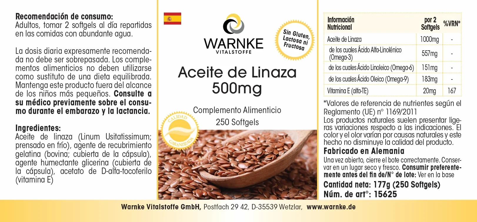 Olio di lino puro 500mg Alpha acido liponico Omega 3-250 Softgel Vitamina E Warnke Vitalstoffe