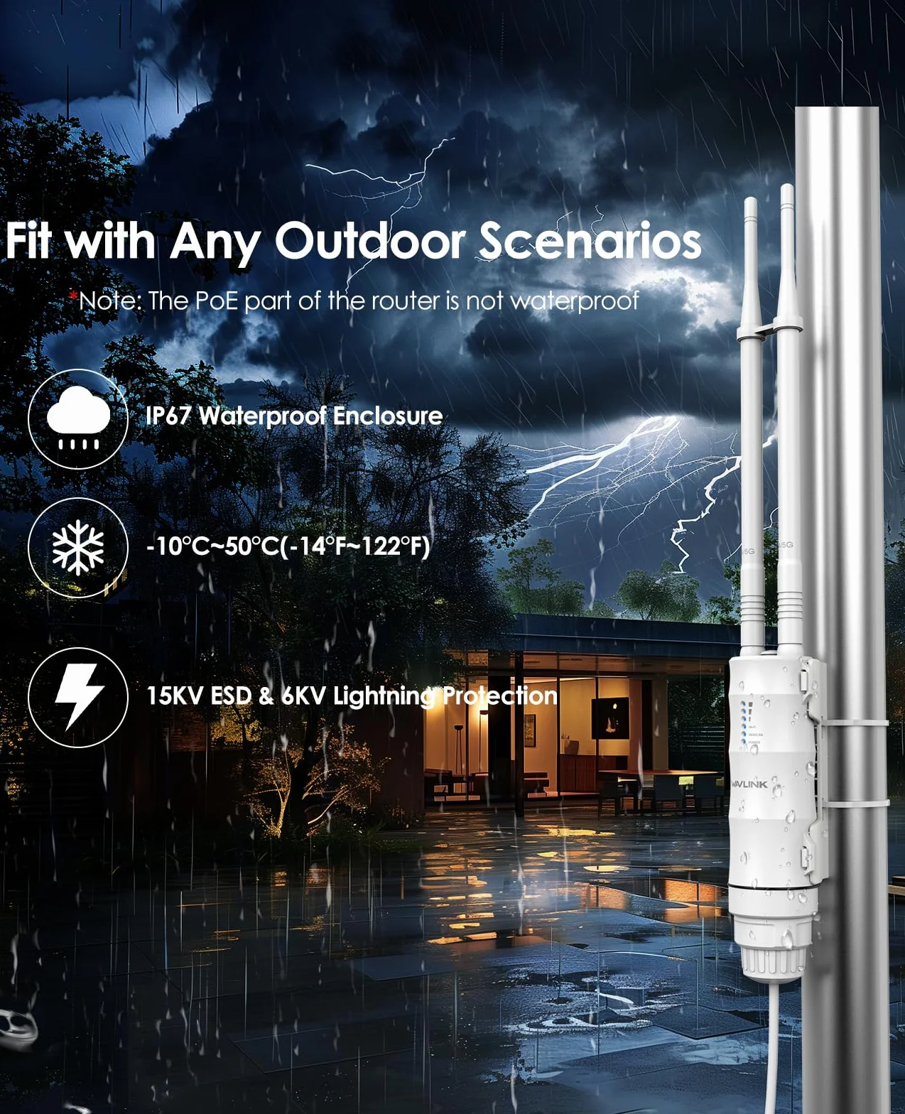 WAVLINK AC1200 Ripetitore WiFi Esterno Lunga Portata PoE - Amplificatore Segnale Dual Band IP67 Impermeabile, Punto di Accesso Outdoor con Antenne Potenti, Ideale per Giardino Piscina Parcheggio