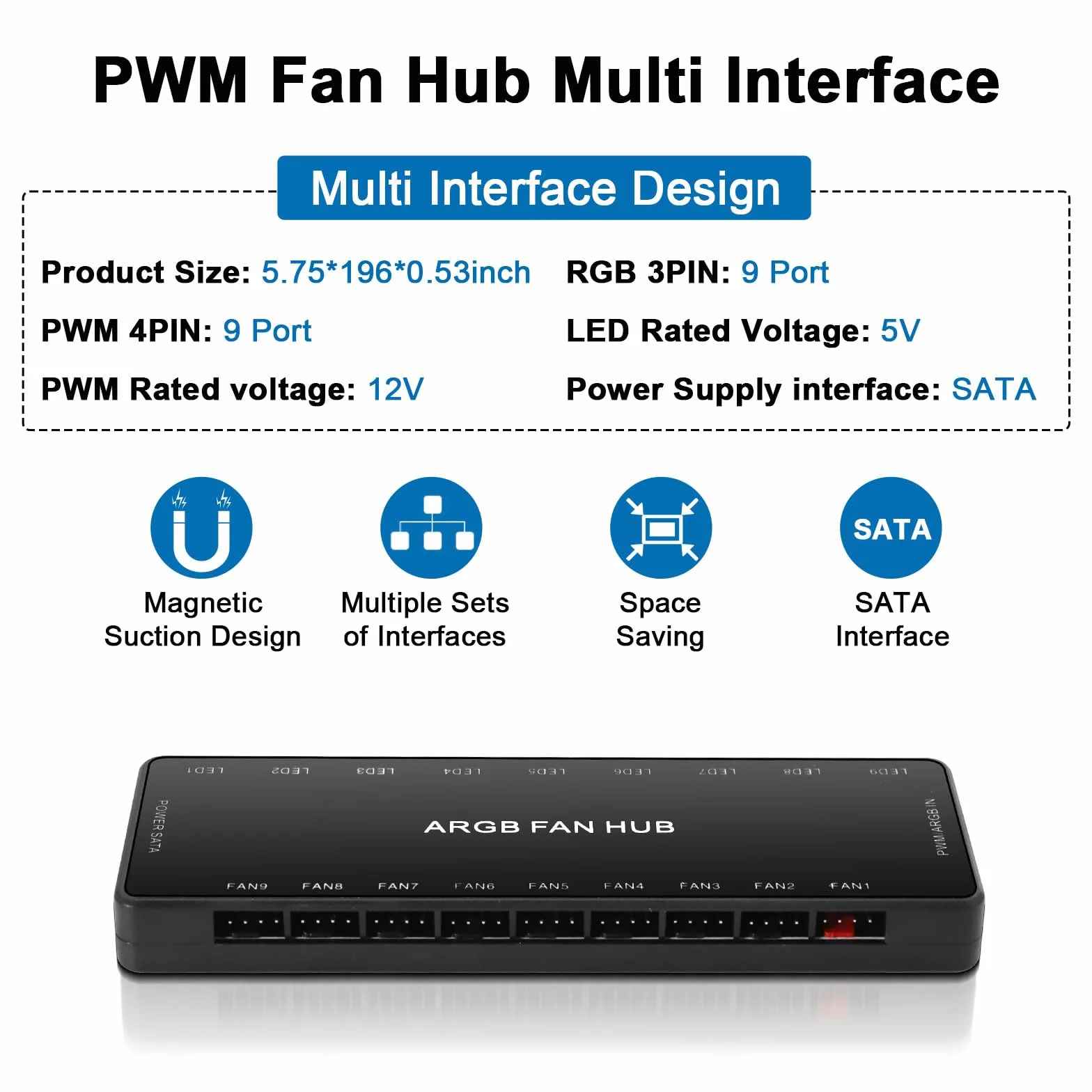 Controller ARGB Fan Hub con Base Magnetica per PC, SATA Power 18, 5V 3-Pin, RGB 12V 4-Pin PWM
