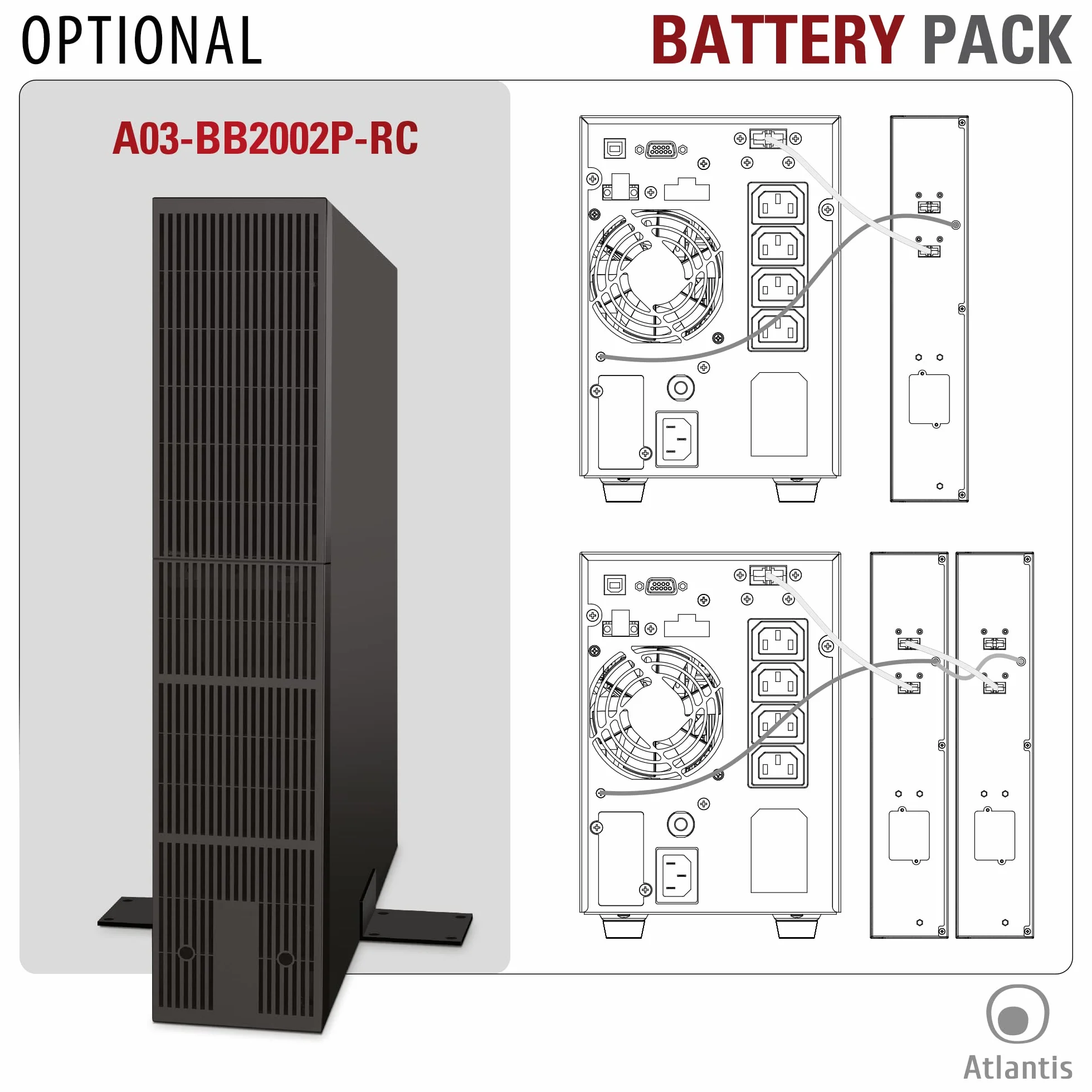 Atlantis A03-OP2002P PRO UPS OnLine Gruppo di Continuità Server Doppia conversione Onda Sinusoidale Pura 2000VA 1800W, Tower, display LCD, USB, seriale RS-232, 4 uscite IEC, slot SNMP, 4x12V-9Ah