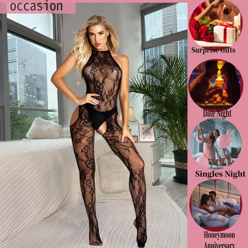 V-Ting vestito sexy da donna bodystocking Fishnet collant aperto Nero BOW S-L