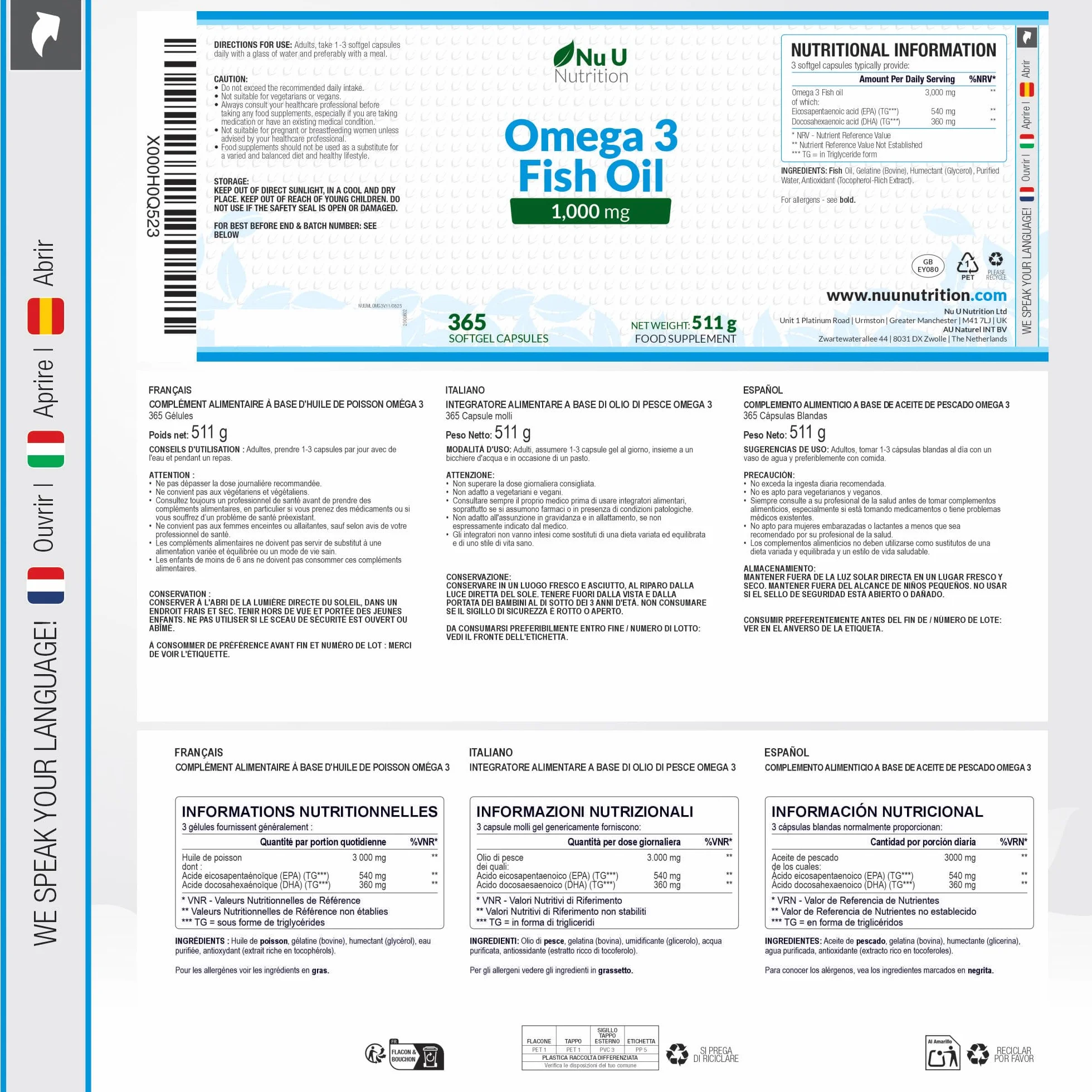 Nu U Nutrition Omega 3 Olio di Pesce 1000mg TG 365 Capsule Softgels EPA DHA