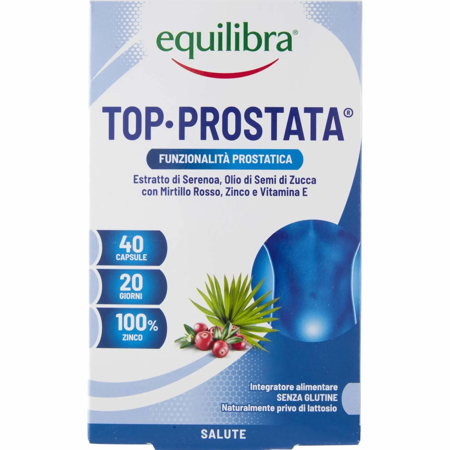 Equilibra Top Prostata Integratore Prostata Serenoa Repens Olio di Semi di Zucca Mirtillo Rosso Zinco Vitamina E 40 Capsule