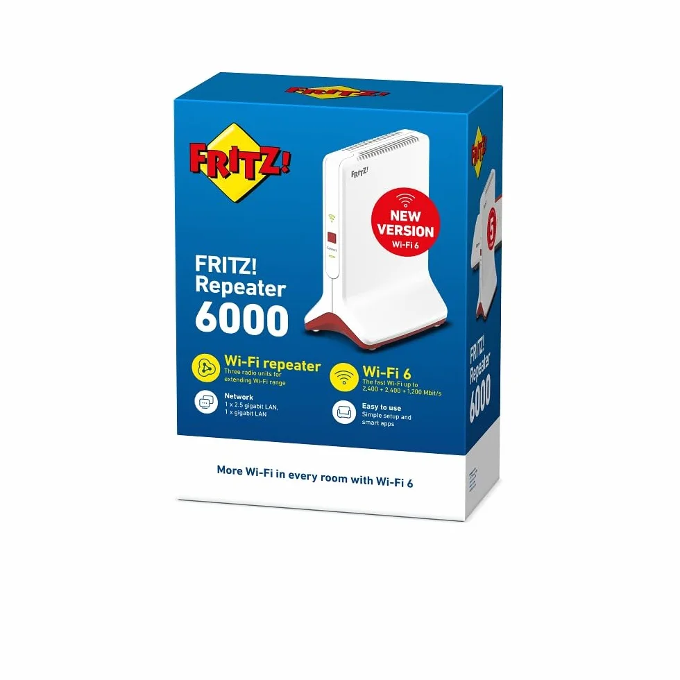 FRITZ!Repeater 6000 Edition International, Ripetitore - Wi-Fi 6 extender Triband con 2x 2.400 Mbit/s (5 GHz) & 1.200 Mbit/s (2,4 GHz), Mesh, Access Point, 2x Gigabit LAN, Interfaccia in italiano
