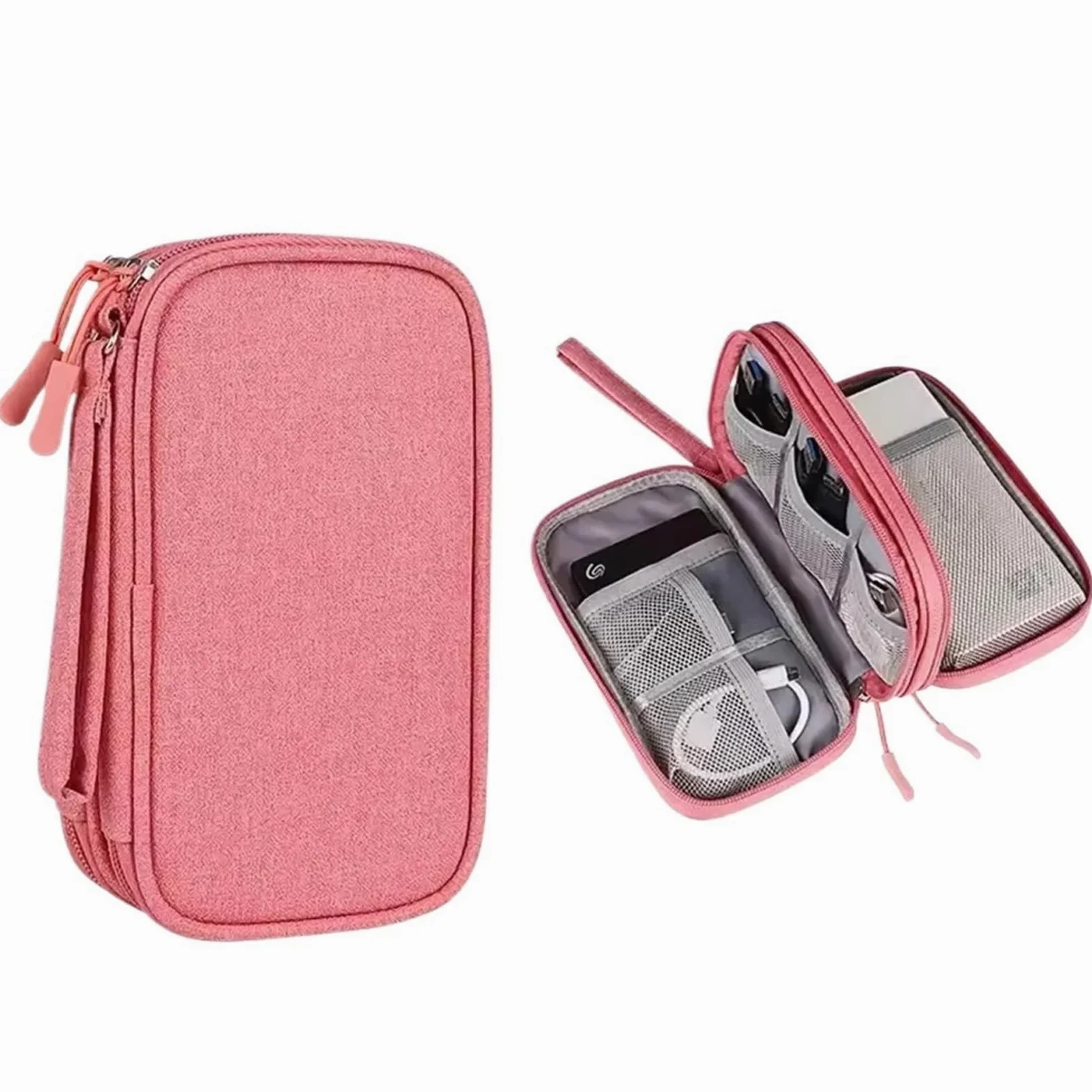 Borsa da viaggio for cavi, 2 pezzi, custodia portatile for archiviazione digitale, caricabatterie, dati Per Cavi(Pink)