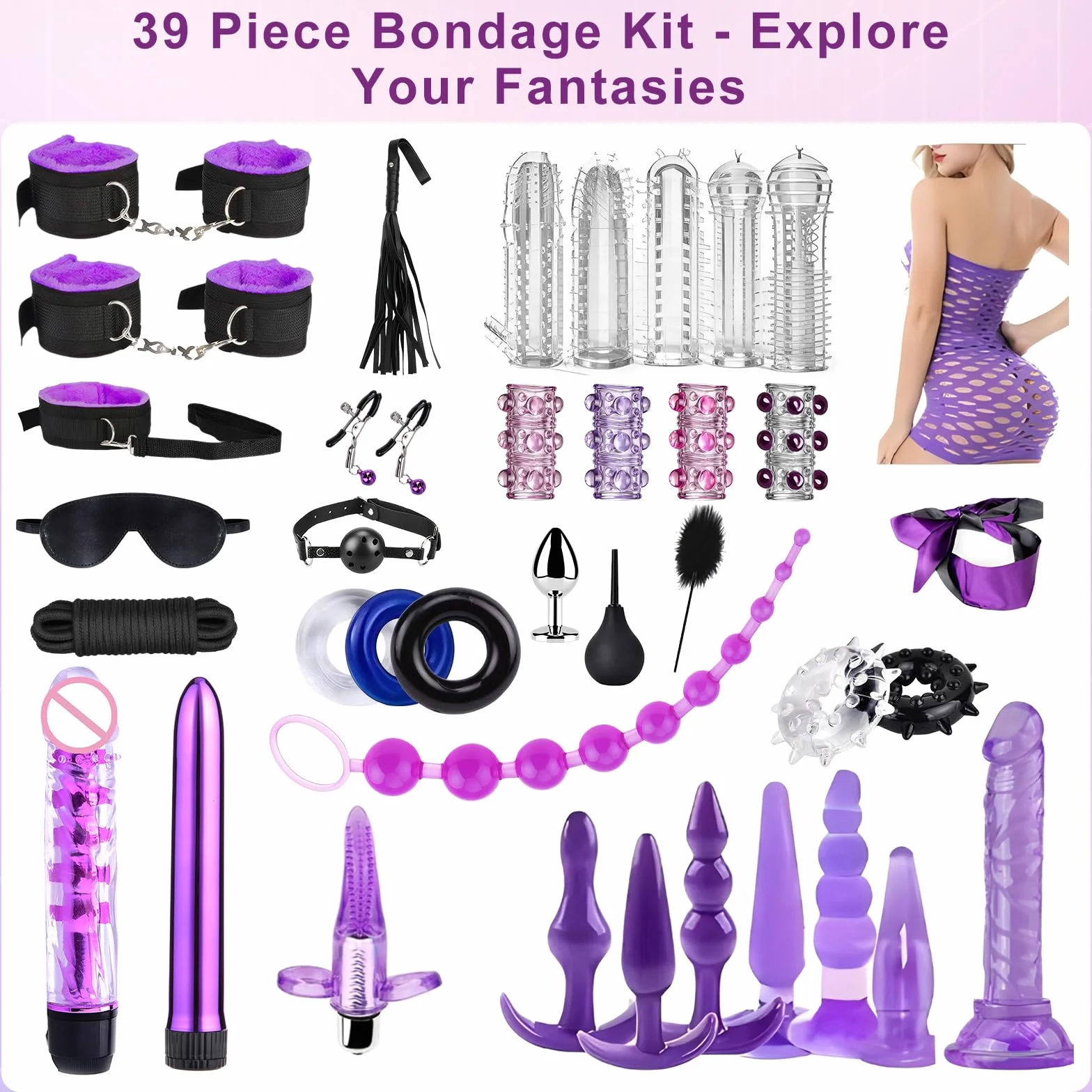 Bondage Set 39 Pezzi, Kit di Contenimento Completo, Giocattoli Sessuali per Coppie, Accessori per Letto, Nero e Viola