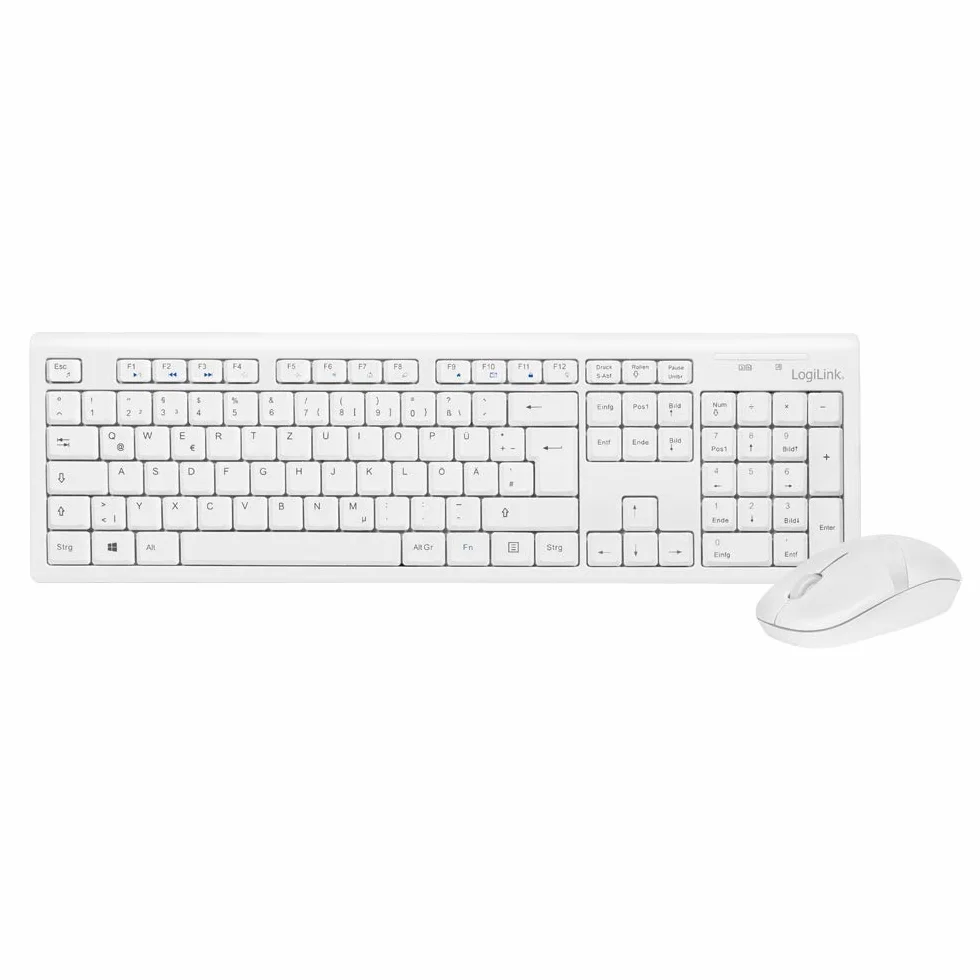 LogiLink ID0104W - Set tastiera/mouse wireless, 2,4 GHz, tastiera 103 tasti (+13 tasti di scelta rapida) - mouse (sensore ottico) con 3 pulsanti, connessione auto, bianco