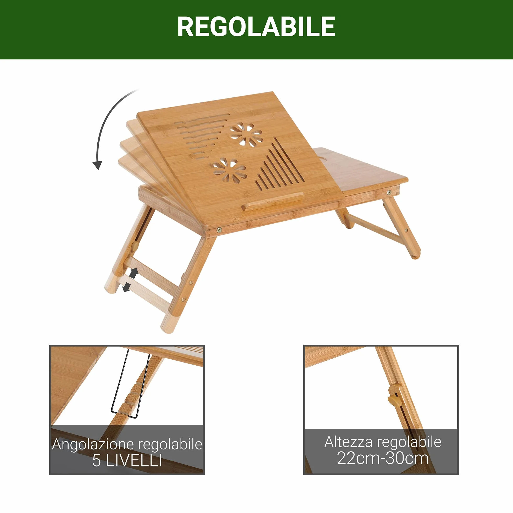 HOMCOM Tavolino da Letto per PC Portatile con Sistema di Raffreddamento in Bambù, 55x35x22-32.5cm