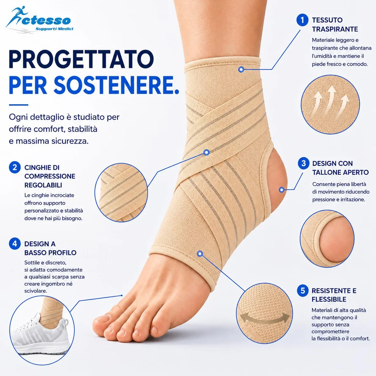 Actesso Cavigliera Elasticizzata Cinghia – Wsparcie dla Kostek, Skręceń i Urazów Sportowych, M, Beżowy